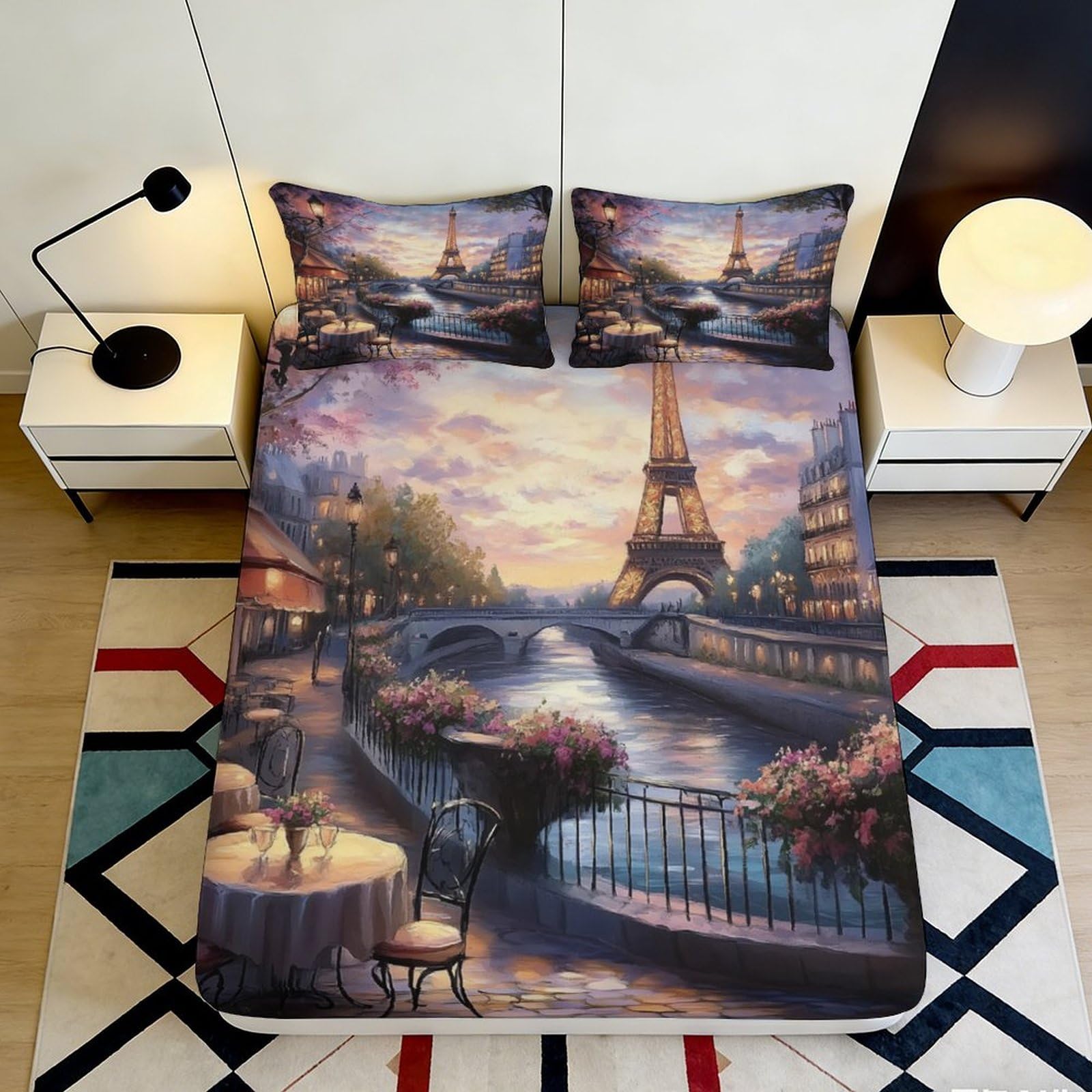 3D Printed Paris Night View Fitted Sheet Microfiber Soft Bed Cover Eiffel Tower Mattress Cover for Bedroom Guestroom Decor 90x200x25cm