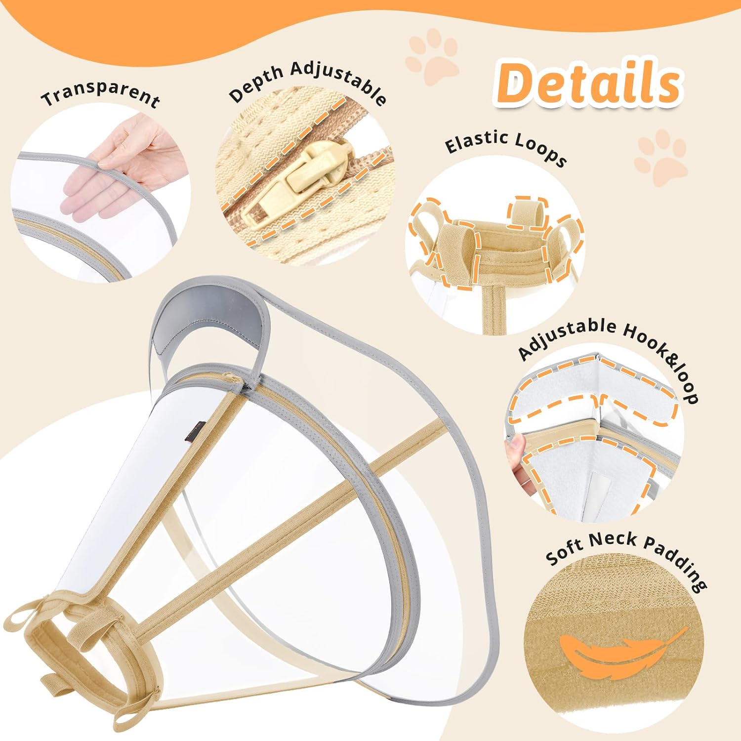 Dog Cone Collar, Clear Recovery Cone to Stop Licking, Adjustable Depth for Large Dogs, E-Collar with Reflective Strip for Night Visibility After Neuter XXL