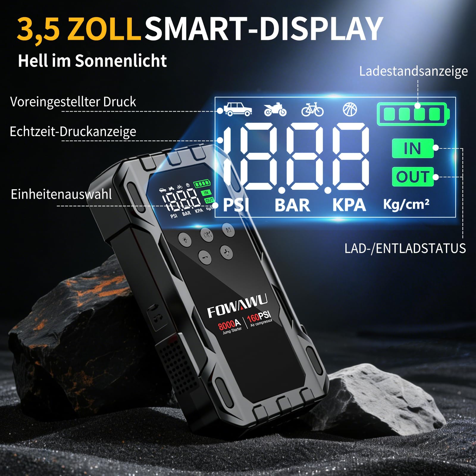 FOWAWU Starthilfe Powerbank für Pkw mit Kompressor 160PSI, 26800mAh 8000A Auto Starthilfegerät für All Benzin und 10.0L Dieselmotor, Boost-Modus bei Niedriger Spannung und 600LUM LED-Licht