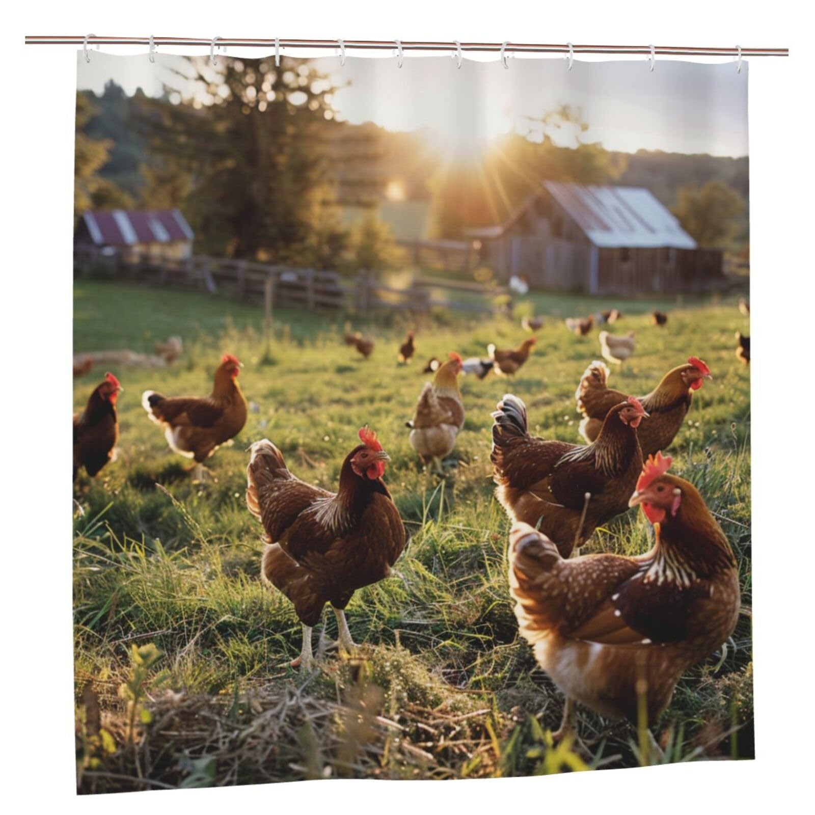 BWWHCCTI Chickens and Farm Printed Shower Curtain With 12 Plastic Hooks Opaque Quick Drying Waterproof Shower Curtains Sets For Bathroom 183x183 CM