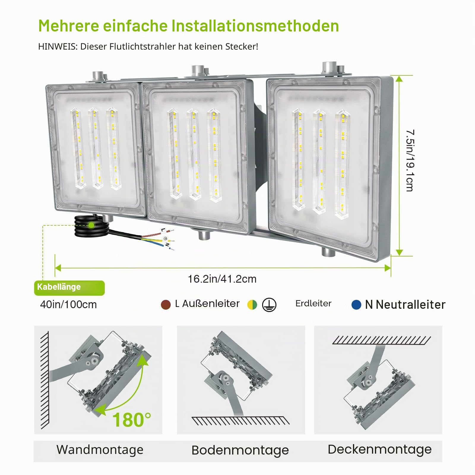 STASUN 150W Dämmerungssensor LED Flutlicht Außen,15000LM 6000K Außenbeleuchtung mit Fotozelle,IP66 Wasserdicht,3 Köpfe Verstellbare Weitwinkel-Außenbeleuchtung für Parkplatz,Garten