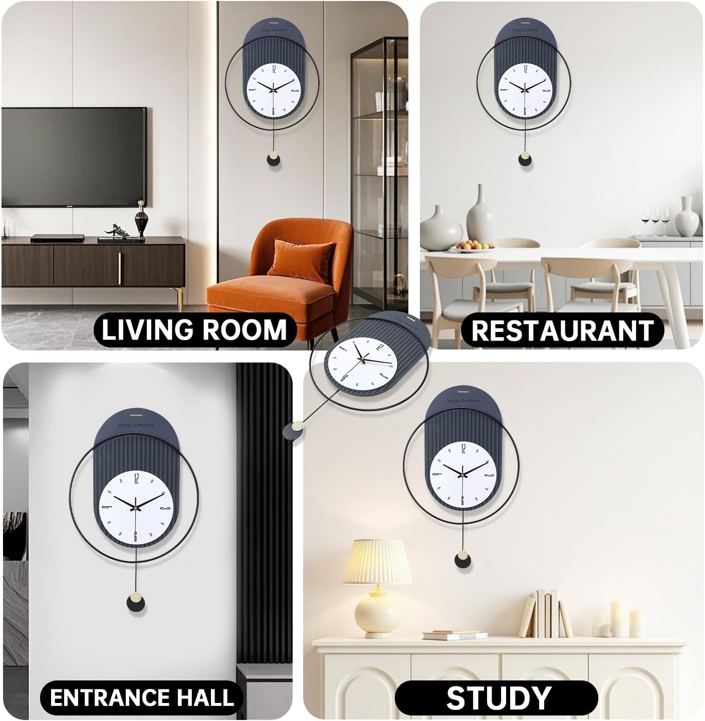 Large Decorative Wall Clock with Pendulum for Living Room, Black Metal Frame, White dial, Silent Type, Suitable for Living Room, Bedroom, Study, Office