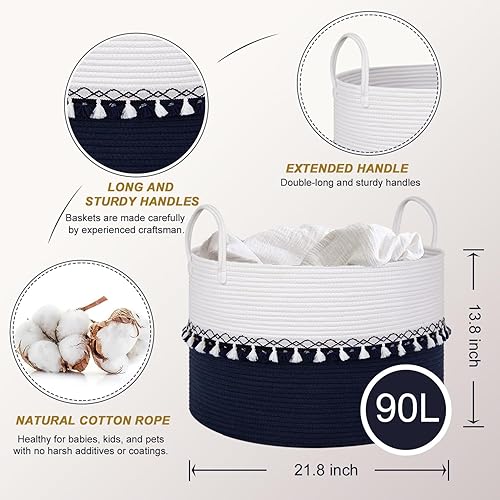 Miniatura 3 de ZuiJia Shenghuo Cesta de juguete de cuerda de algodón XXXL de 21.7 x 13.8 pulgadas, cesta de almacenamiento para manta de lavandería para bebé, cubo