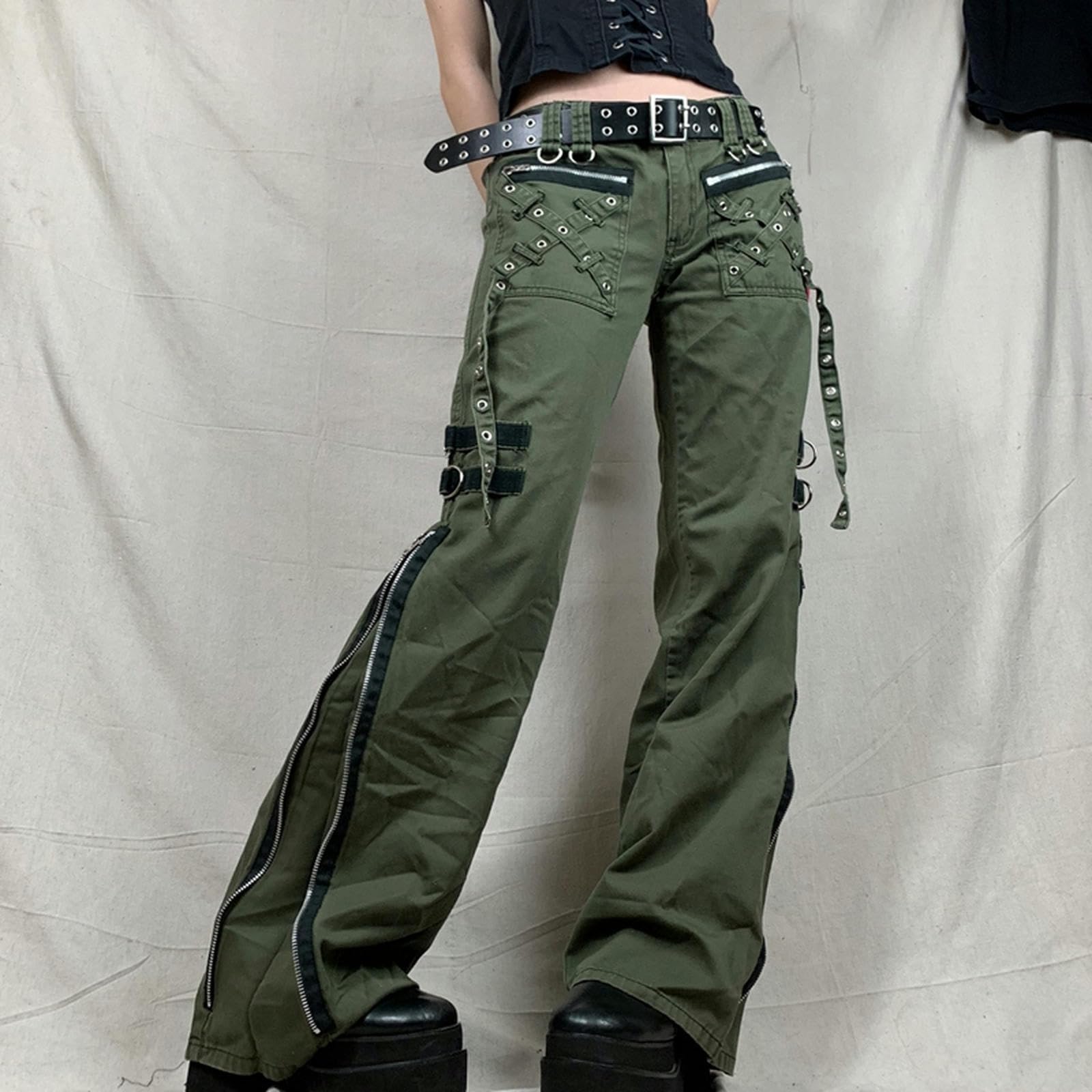 WEITING Pantalones De Mujer Goth Punk Sueltos Retro Kawaii Pantalones Vendaje De Tiro Bajo Pantalones Cargo Grunge Verde Cremallera Jeans Pantalones De Chándal Coreanos-Verde-M