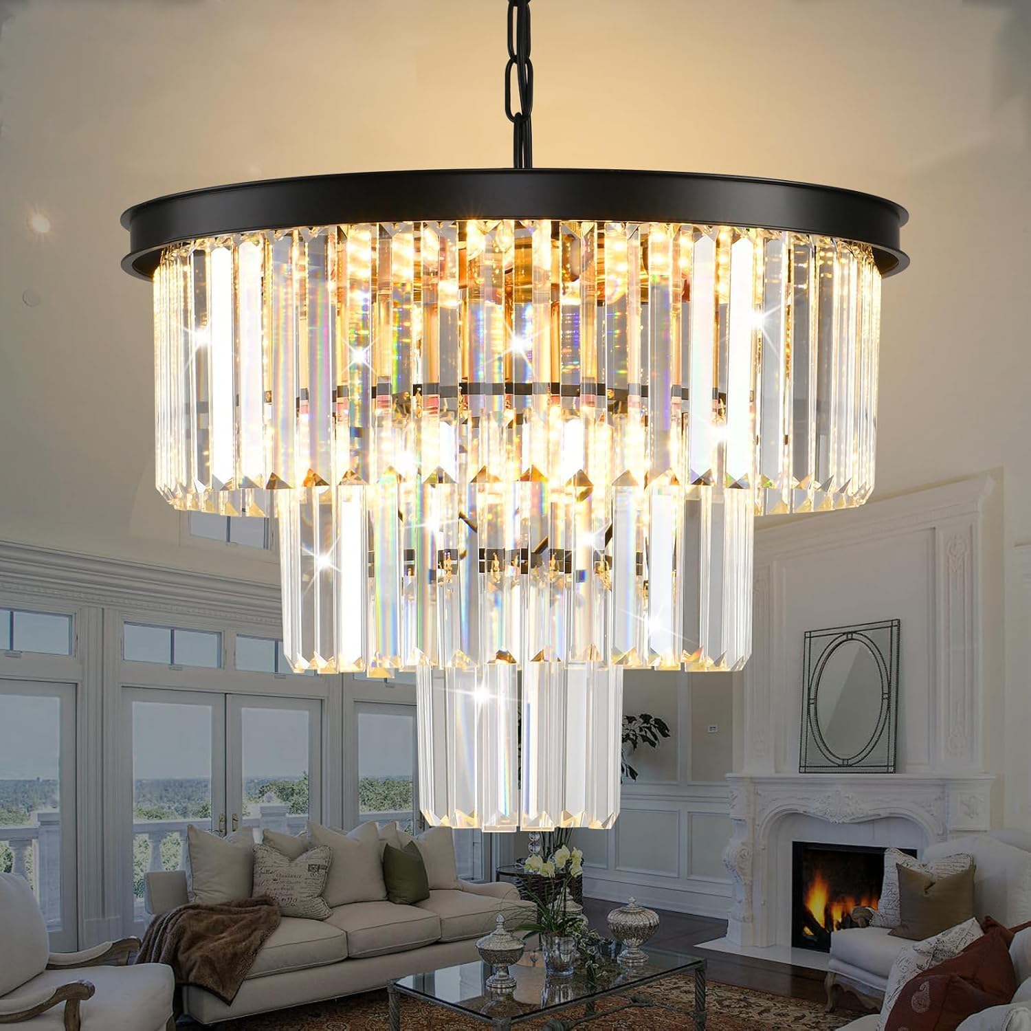 MSSIAN Black Crystal Chandelier 50cm 3-Tier 9-Light E14 Dimmable Pendant Light for Dining Room Living Room Bedroom Hallway