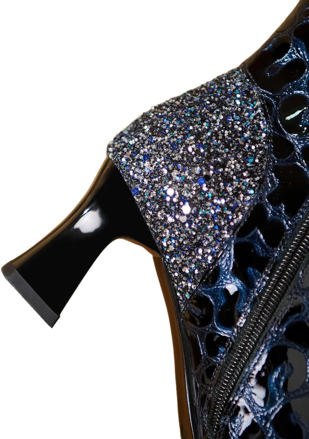 TinaCus Women's Handmade Ankle Boots Patent Leather Sequins Pointed Toe Side Zipper Mid Heel Short Booties