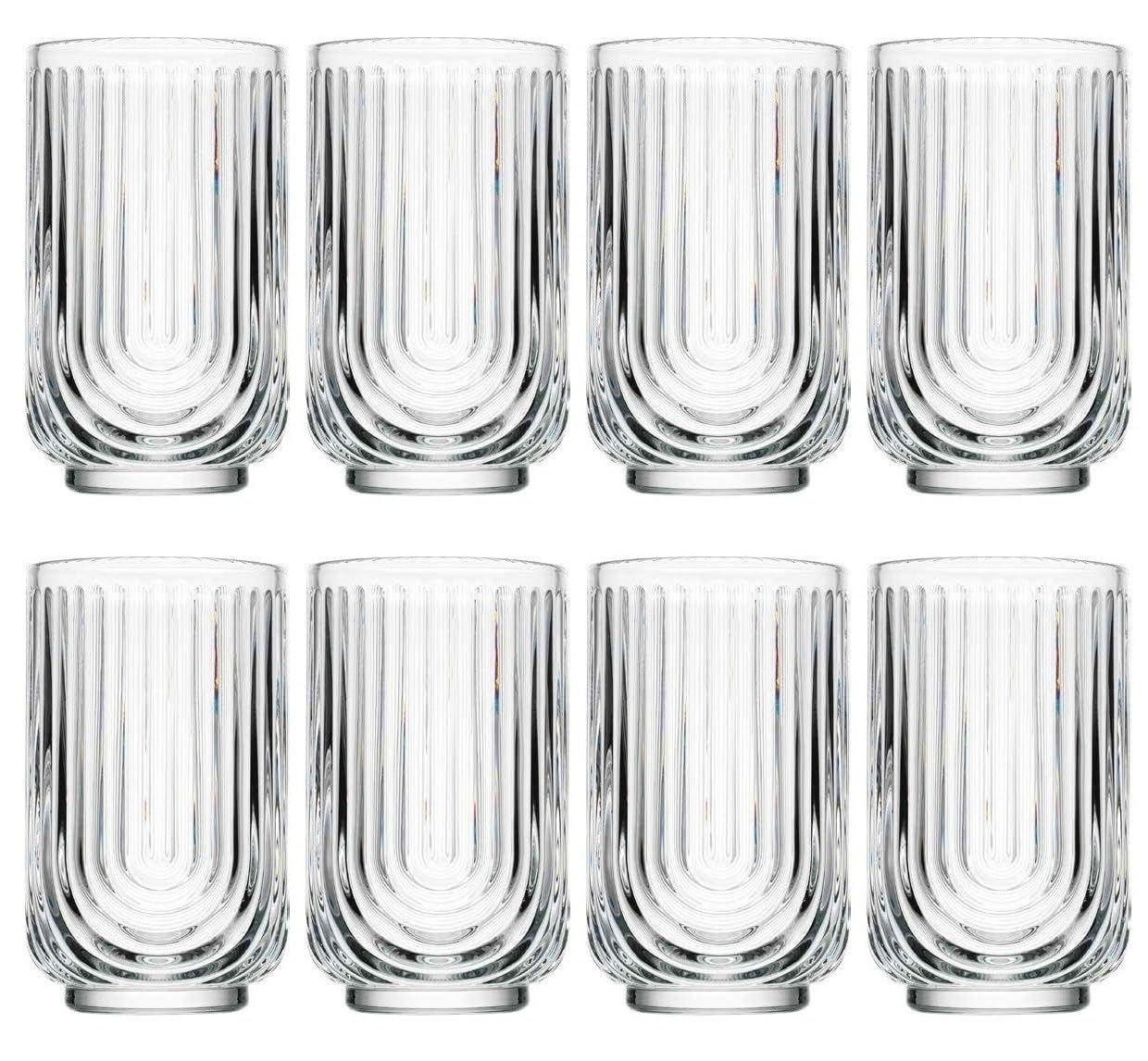 Glaver's Juego de 8 vasos de 17 onzas, vasos de cóctel ondulados, vasos acanalados, vasos de vidrio Highball. Cristalería Art Deco con diseño de arco para agua, jugo, café.