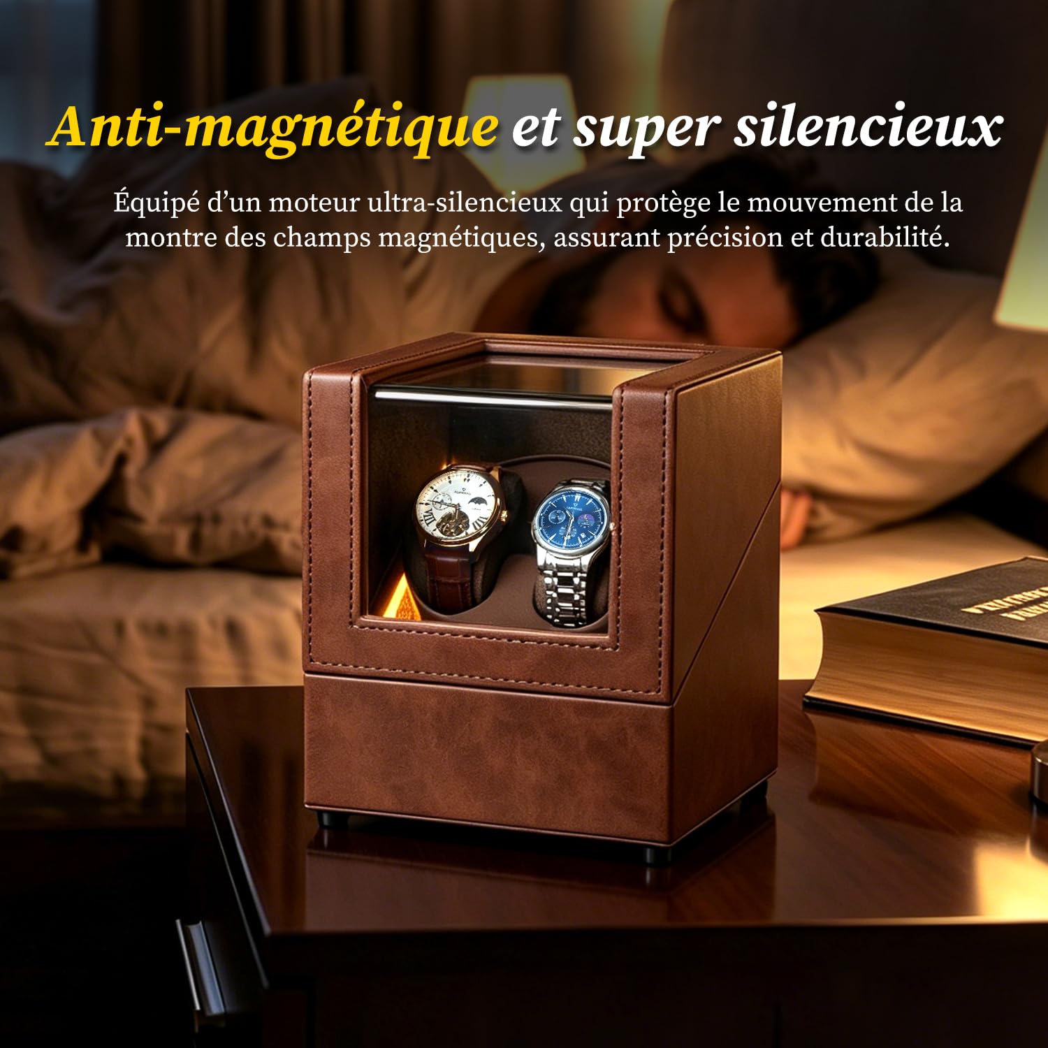 Double Remontoir de Montre avec lumière LED, Boîtes de Remontoir de Montre pour 2 Montres avec 5 Modes de Rotation Automatique et Chargement Type C USB – Marron