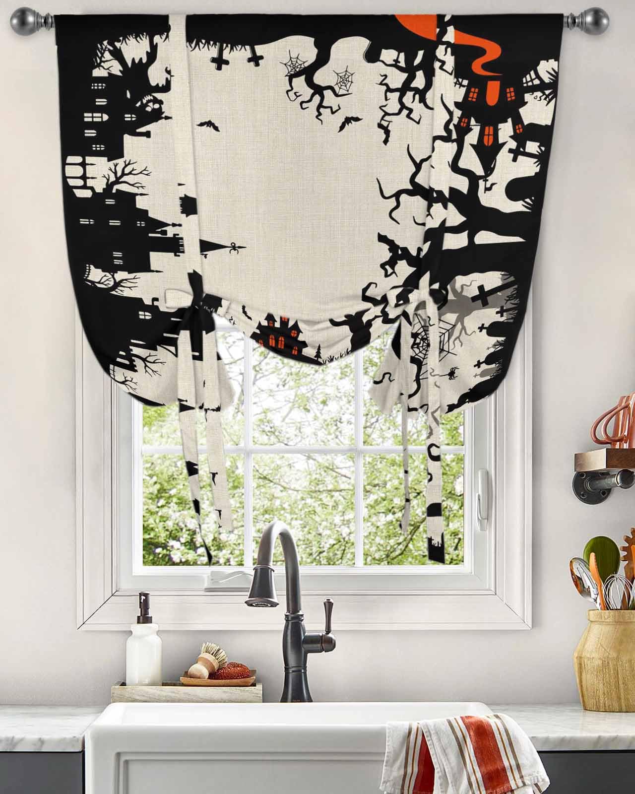 Halloween Tie Up Curtains for Windows 63 Inch Length Balloon Curtains Kitchen Adjustable Balloon Window Shade Scary Cartoon Castle Forest Trees Retro Tie Up Valance Bathroom Curtain Window 46