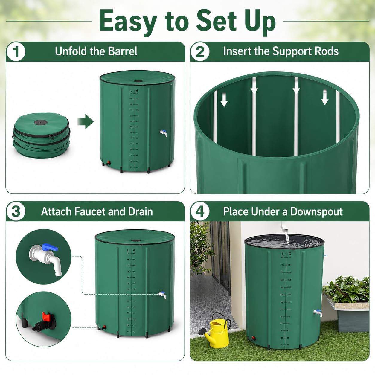 Faltbare Regentonne 200-500 Liter, Regentonne Faltbar Mit Seitlicher Skala Und Überlaufschutz, Regenwassertonne Für Garten, Balkon, Terrasse, Camping Und Outdoor, Grün (Grün,200 Liter)