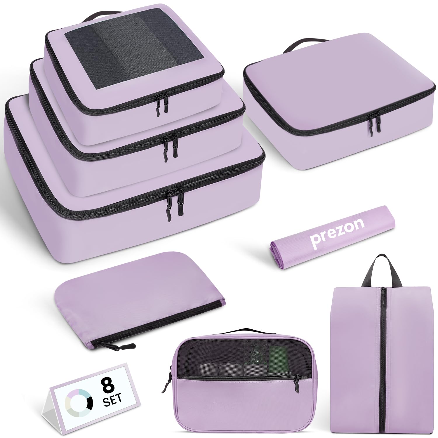 prezonPacking Cubes for Travel | 8 Set Purple |Durable Luggage Organizer 4 Size(Extra Large, Large, Medium, Small),Comprehensive Cubes for Toiletry,Underwear, Shoe,Travel Essentials,Efficient Women GiftsGlobal Recycled StandardGlobal Recycled StandardGlobal Recycled Standard