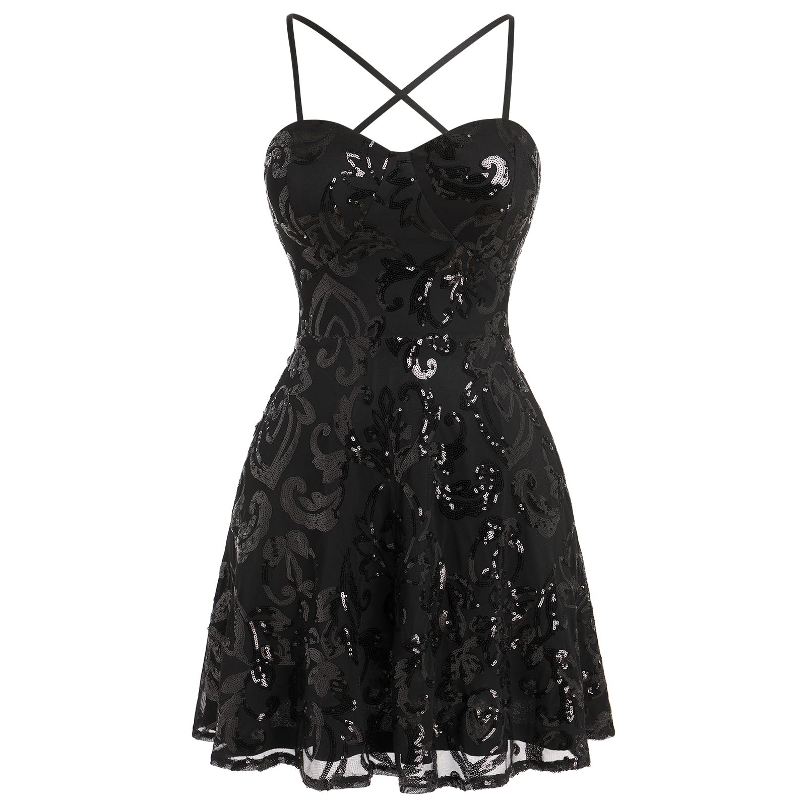 ODIZLI Vestido Corto para Mujer, con Tirantes Delgados, Lentejuelas Brillantes, Acampanado, para Fiesta, Discoteca, Baile, Largo por Encima de la Rodilla, Negro -, S