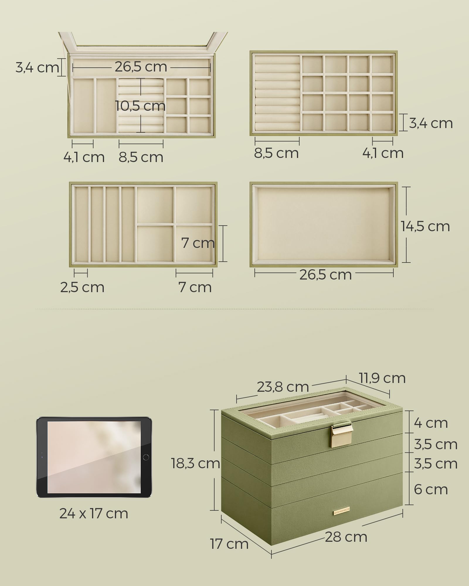 SONGMICS Colección GISELLA - Joyero Apilable, Caja de Joyas de 4 Capas Grande, Tapa de Cristal Transparente, para Cajón de Tocador, Idea de Regalo, Verde Laurel 17 x 28 x 18,3 cm JBC164C02