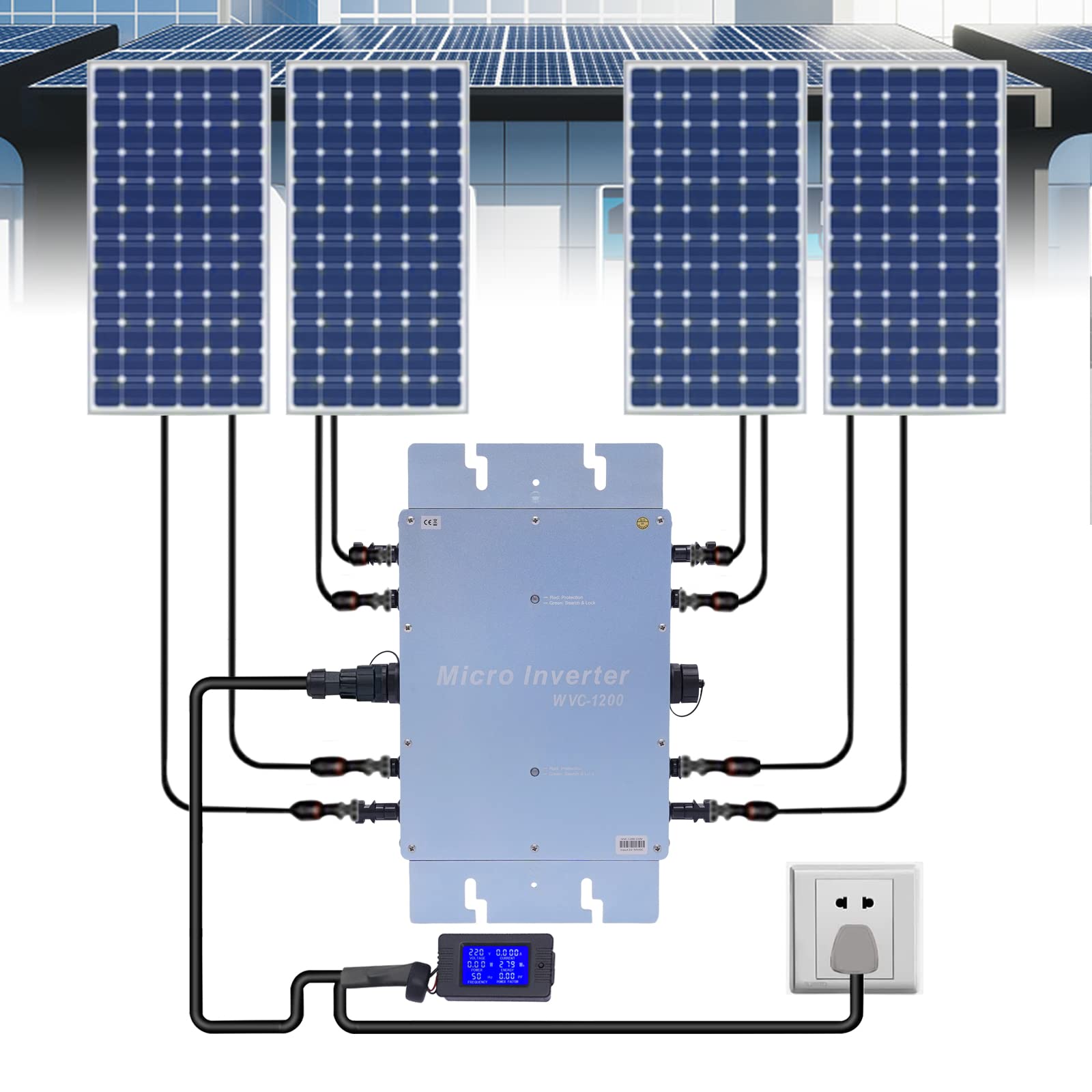 Invertitore solare intelligente da 2,88 kg, micro inverter solare da 1200 W, con display LCD IP65, protezione dall'acqua, inverter solare per moduli da 36 V, collegamento di rete nell'alloggiamento in