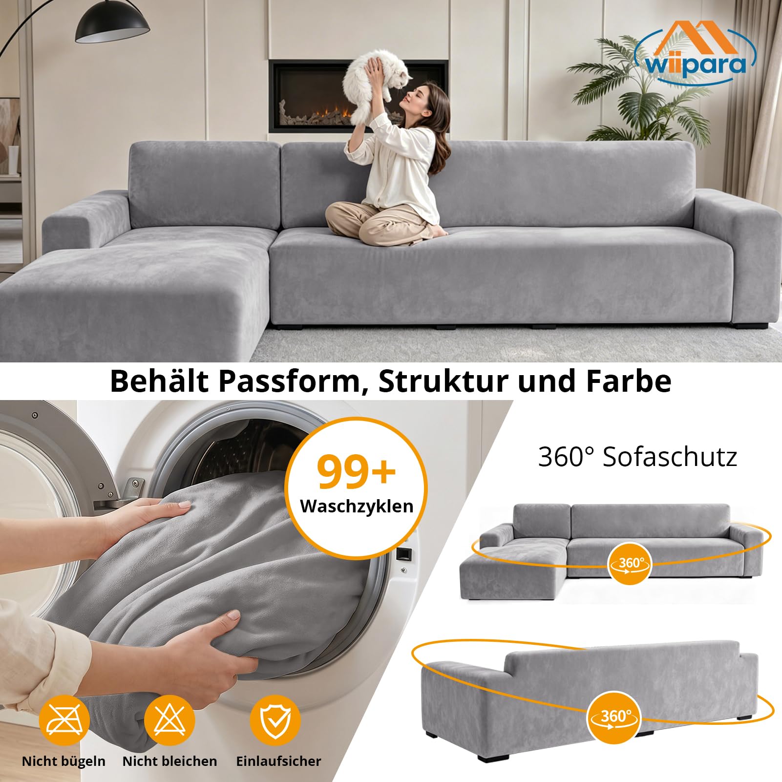 Samt Sofa Überzug 3 Sitzer, Stretch Couchbezug Silbergrau, 1 Stück | Dicker Plüsch Sofabezug, Elastisch, Superweich & Atmungsaktiv für Haustiere, Wohnzimmer (L-Form Ecksofa erfordert Zwei)
