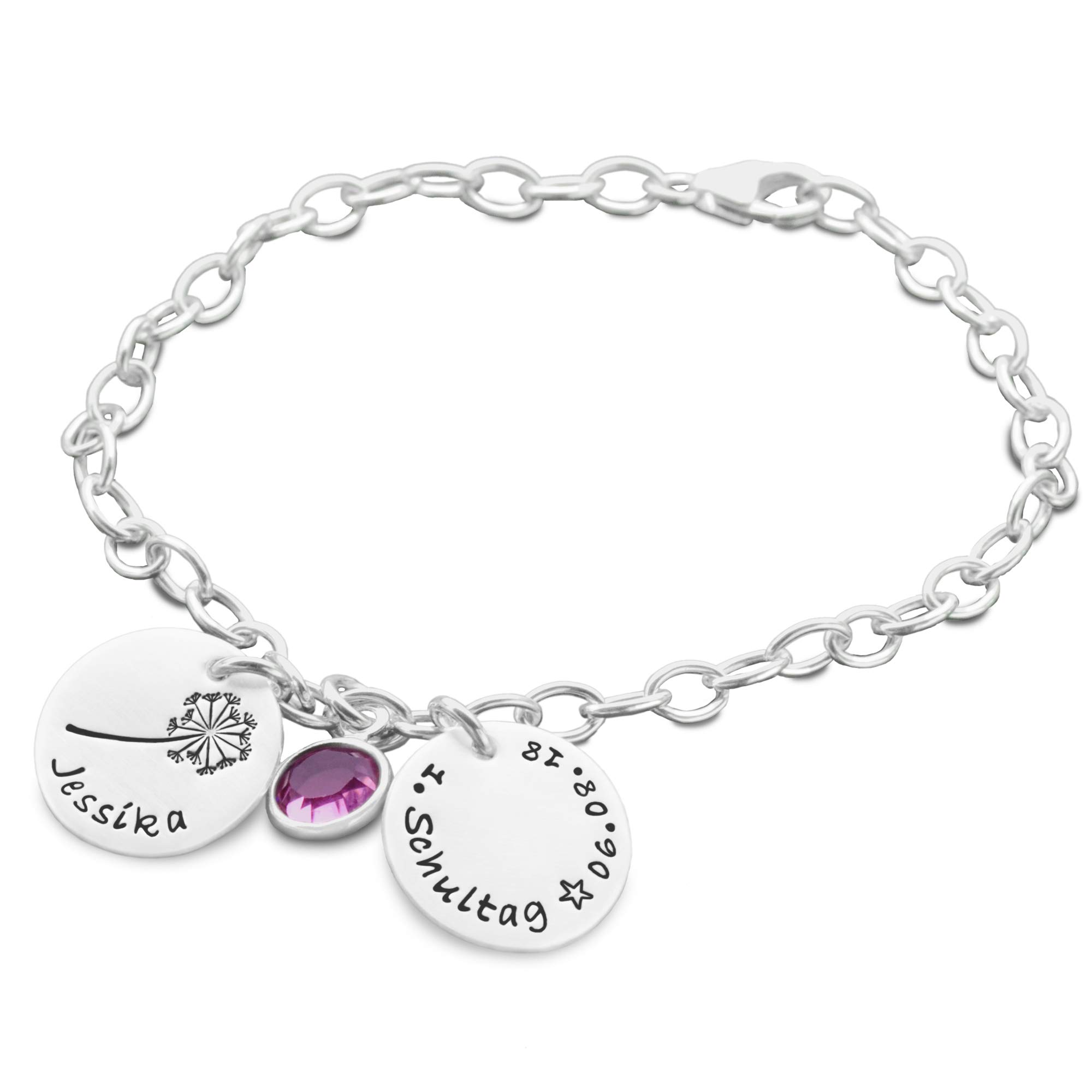 Armband Einschulung Mädchen Silber Gravur ALLE GUTEN WÜNSCHE 925 Silber Kinderarmband Kinderschmuck mit Name Datum Kristall Schultüte