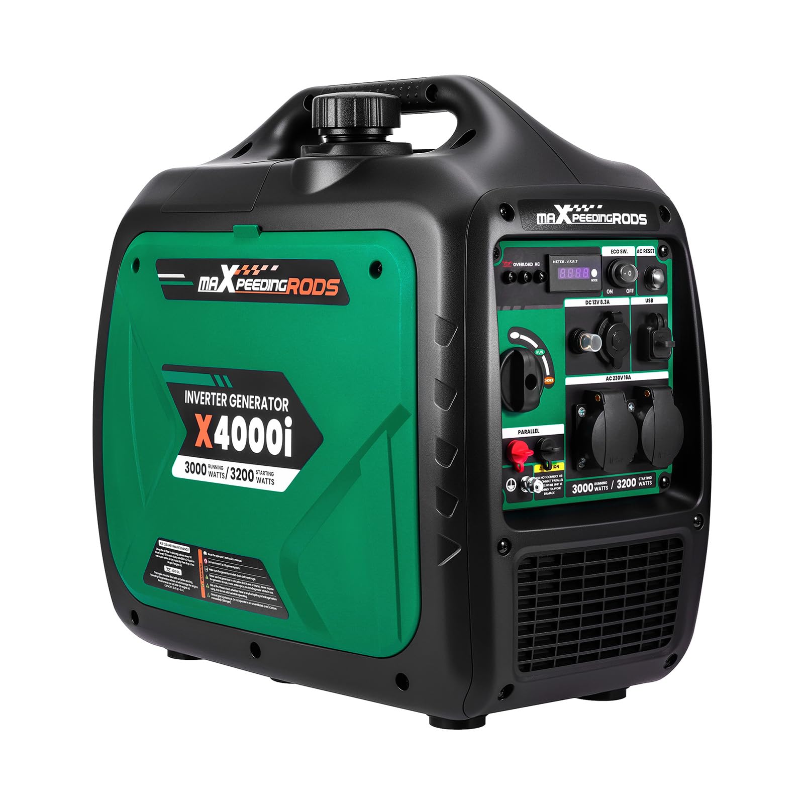 maXpeedingrods Générateur Inverter portable à essence 3200 W — Idéal pour le camping, les fêtes et les réunions en plein air — Équipé de 2 prises 230 V/16 A, 2 ports USB et 1 prise 12 V CC