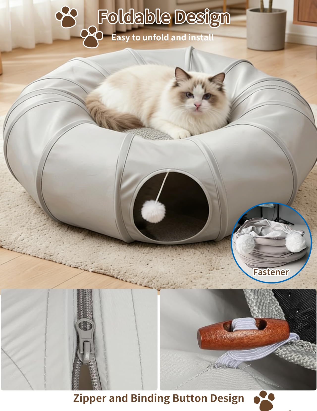 Katzentunnel, Katzenspielzeug für Wohnungskatzen, multifunktionaler Rascheltunnel & Katzenhöhle, interaktives Spielzeug mit kühlendem Stoffdesign für Kätzchen (Cool Gray)