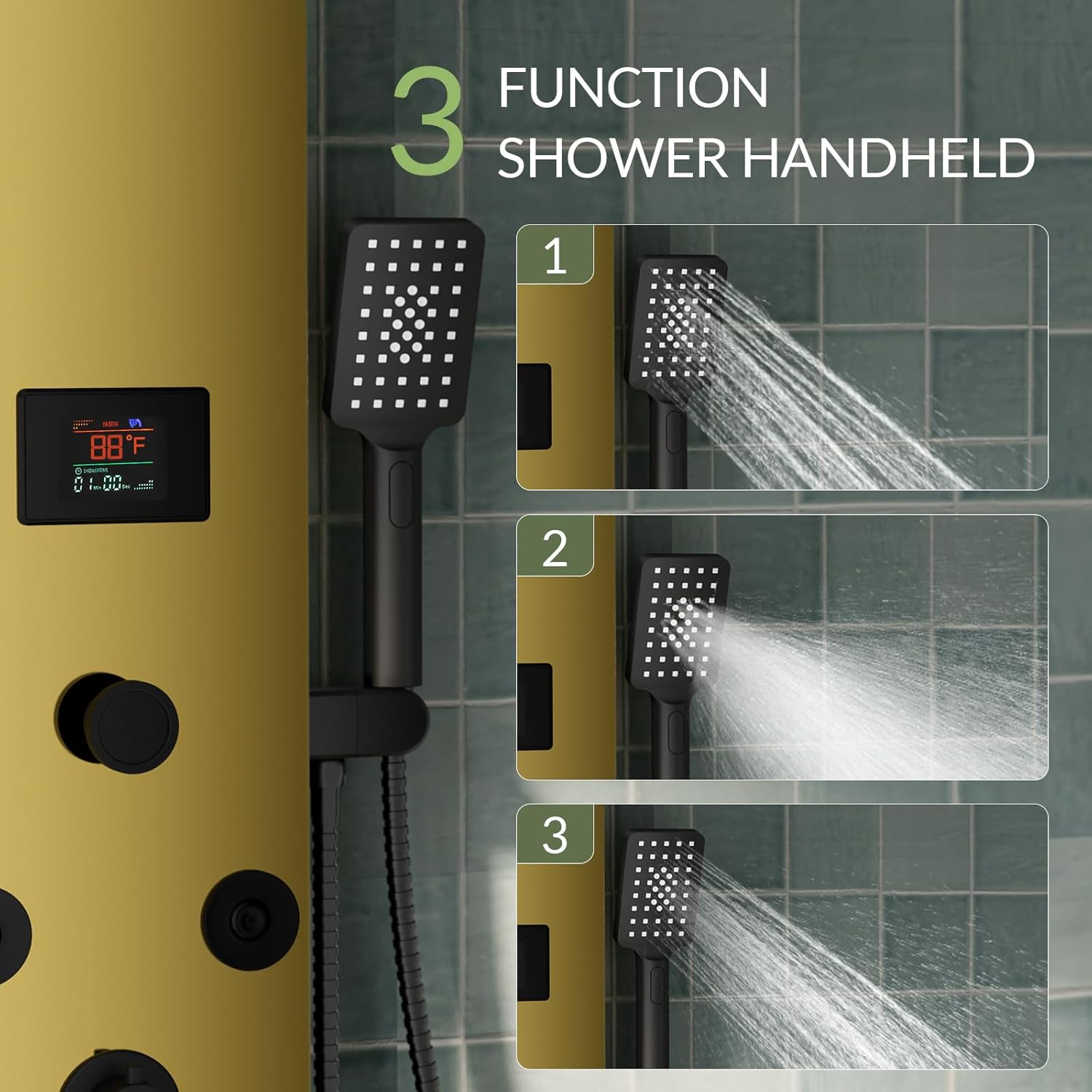 Shower Panel Tower System Stainless Steel LED Rainfall Waterfall Shower Head 5-Function Faucet Rain Massage System Wall Mount with 8 Body Jets, Handheld, and Tub Spout, Gold