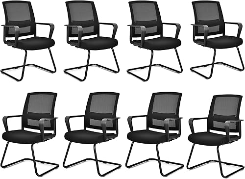 Tangkula Juego de 8 sillas de invitados de oficina sillas de recepción para sala de conferencias con soporte lumbar ajustable y base de trineo