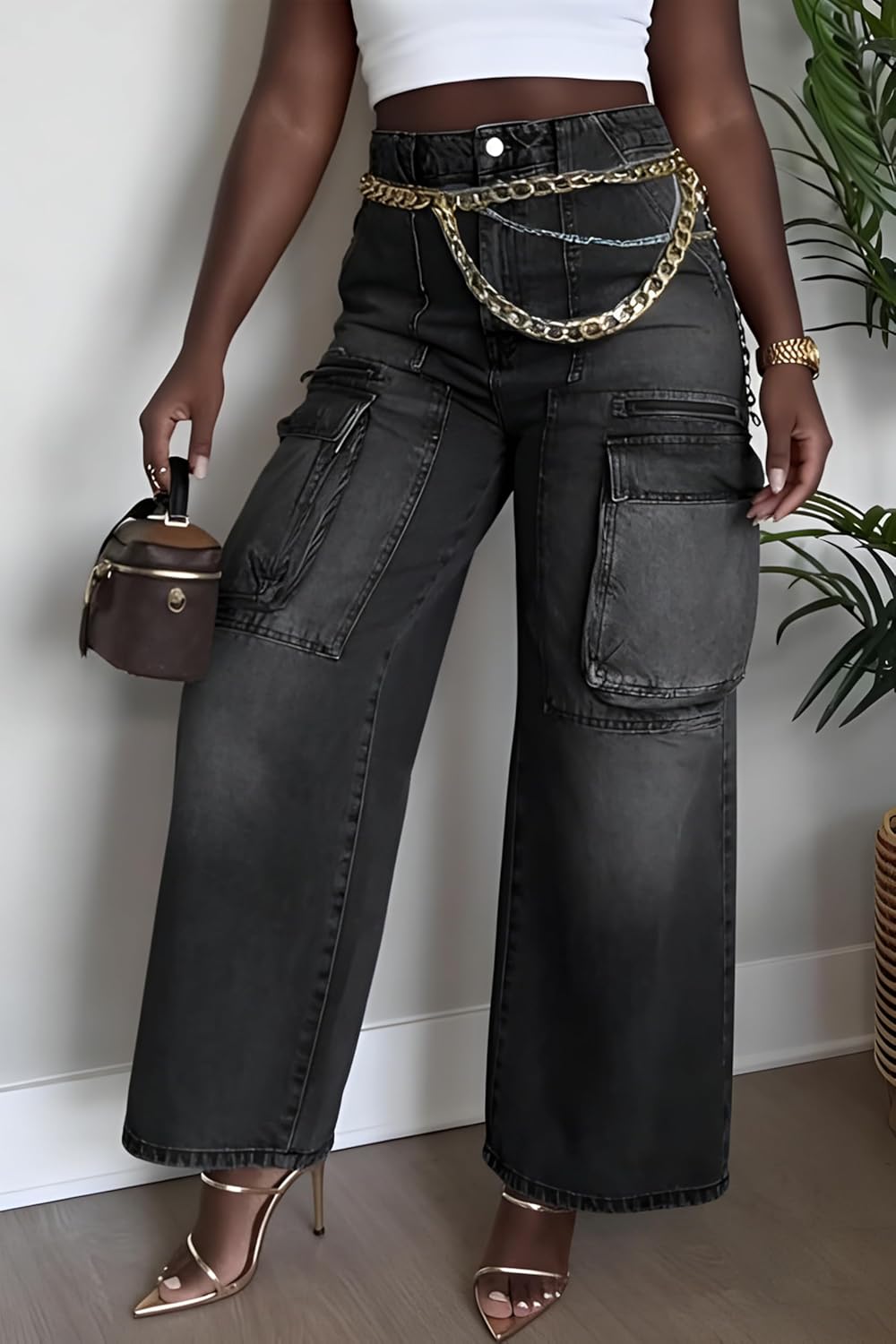 Cargo Jeans for Women High Waisted Baggy Wide Leg Casual Loose Stretchy Streetwear Denim Pants with 6 Pockets Trendy