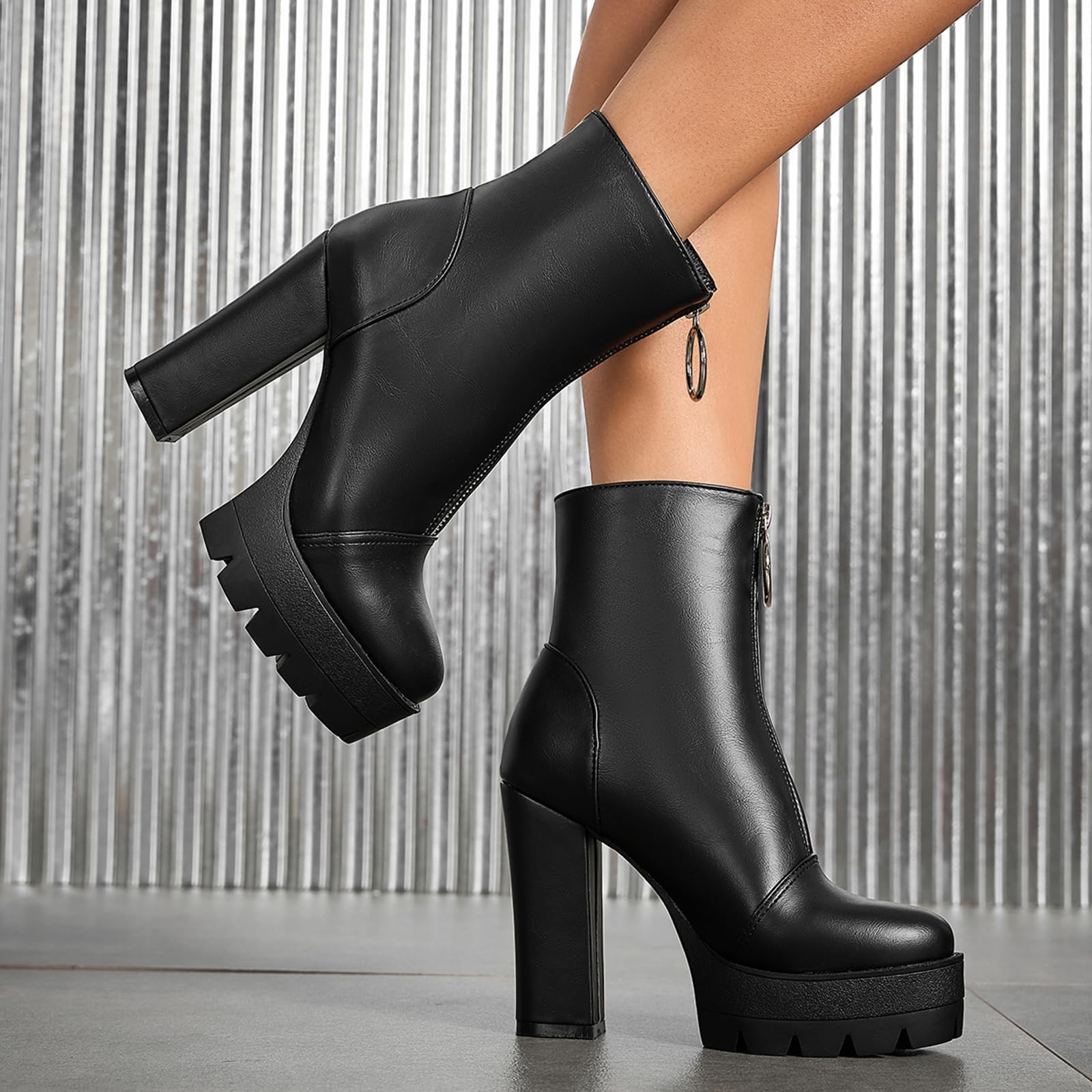 Stivali da Donna con Plateau Cerniera, Tacco Blocco Alto 11,5 cm, Sexy Eleganti Tronchetti, Disponibile in Nero e Marrone