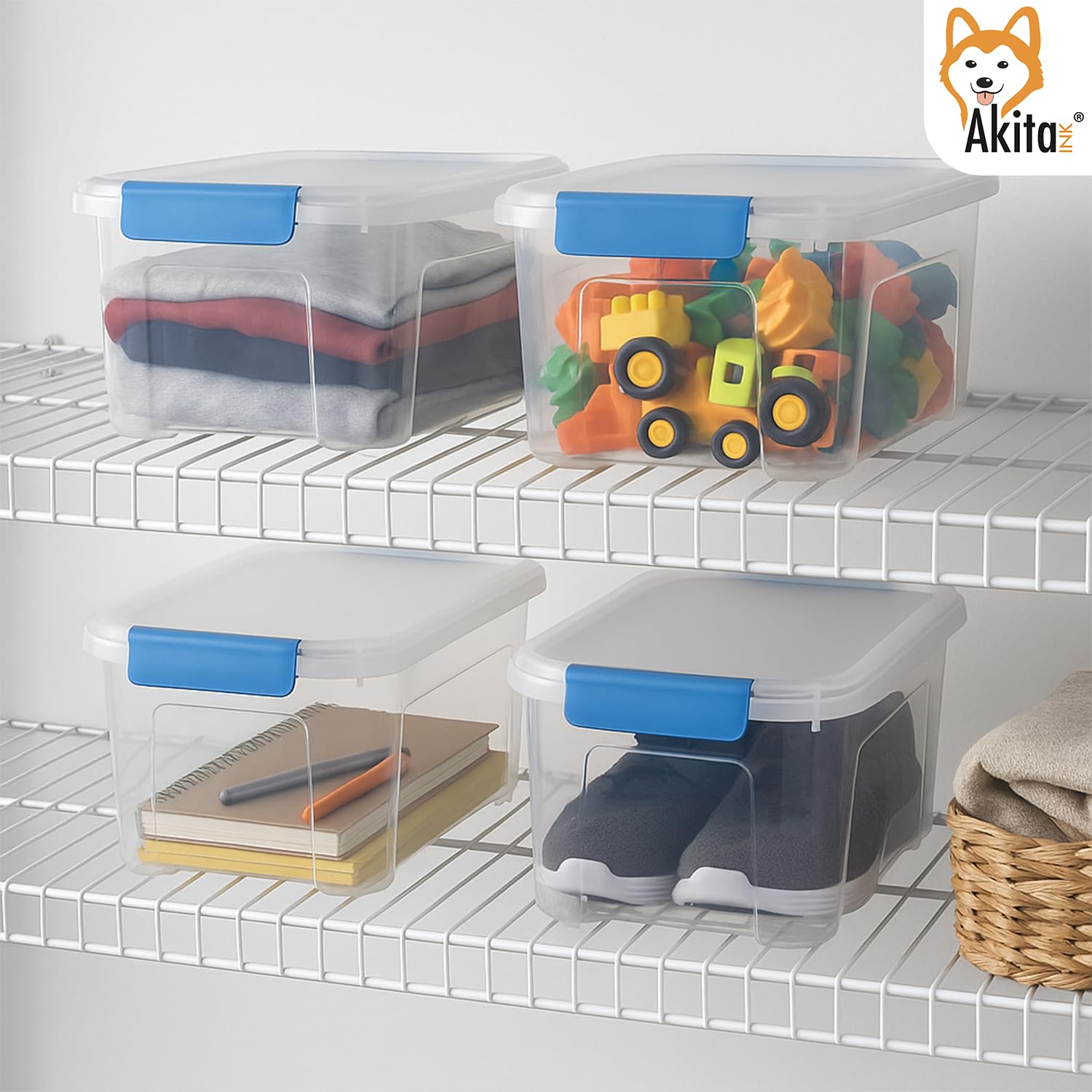 AKITAInk Set 4 Contenitori 13L Plastica Trasparenti con Clip di Bloccaggio – Scatole Salvaspazio 38.9x27.7x19.5 cm Impilabili per Casa, Ufficio, Armadi e Ripostigli