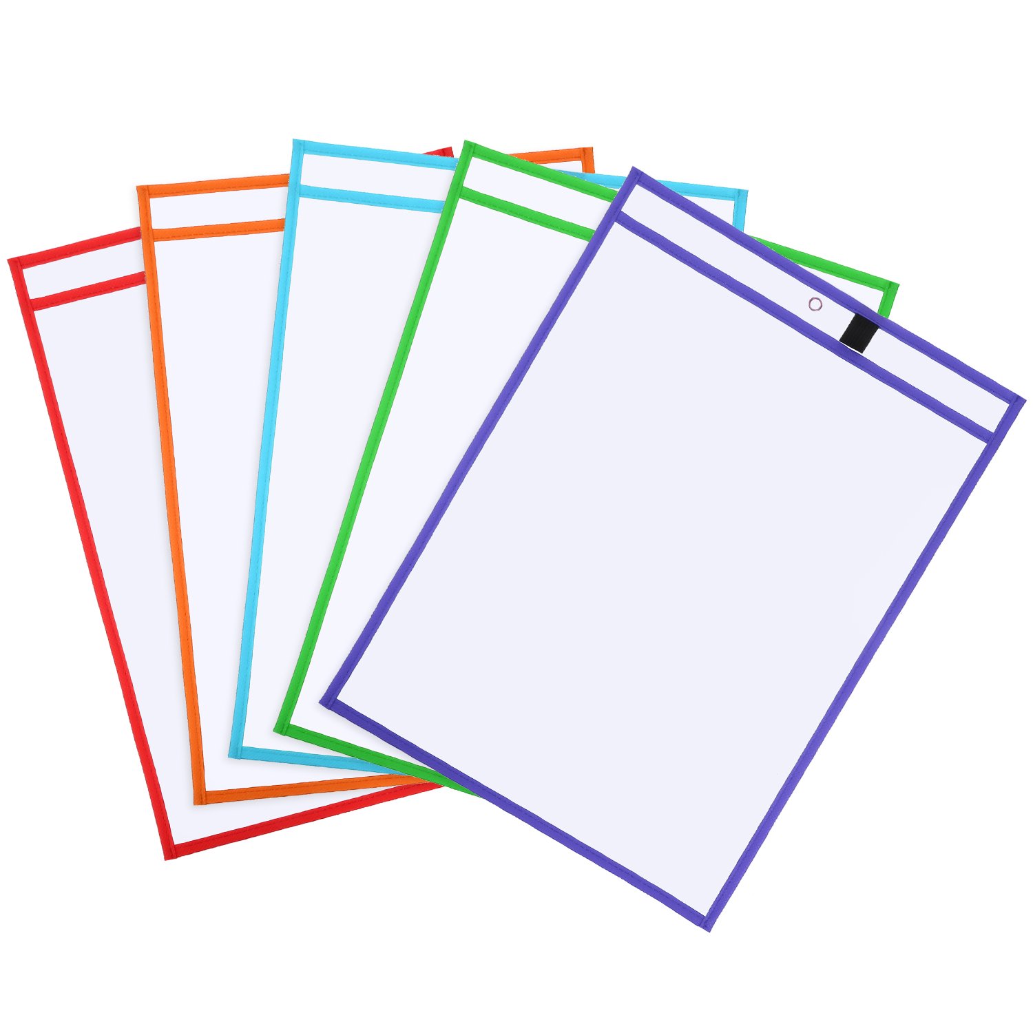 BBTO 5 Pieces Office Supplies Reusable Dry Erase Pockets Worksheet Sleeves with Marker Pen Holder and Metal Grommet, 10 x 13.6 Inches, Multicolors