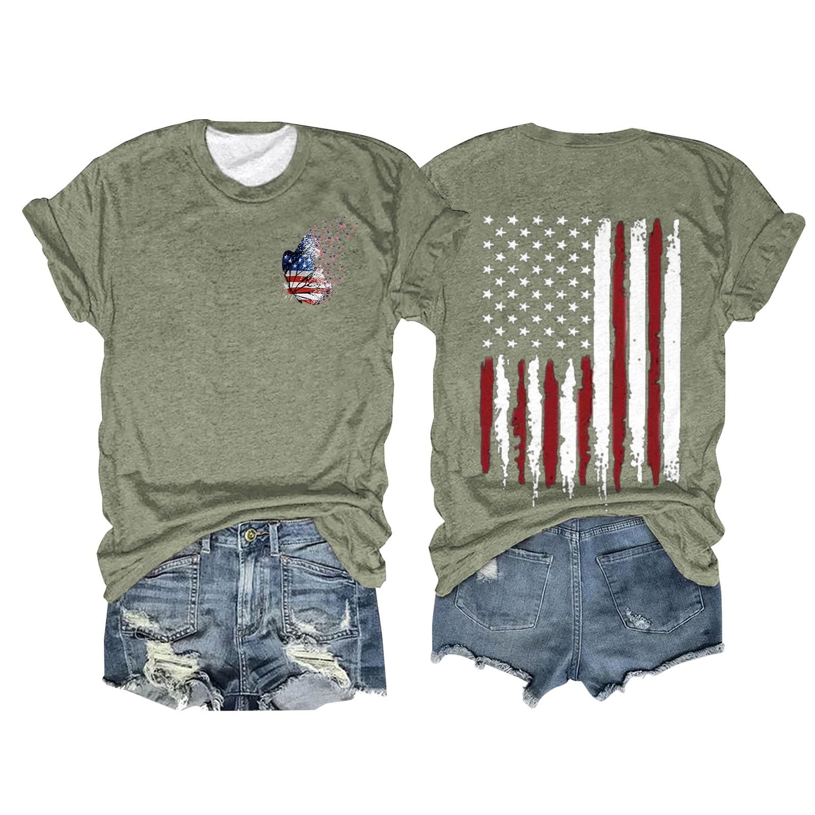 Generic4th of July Shirts for Women Butterfly Flag Graphic Crew Neck Tees Fashion Short Sleeve Blouses Tops
