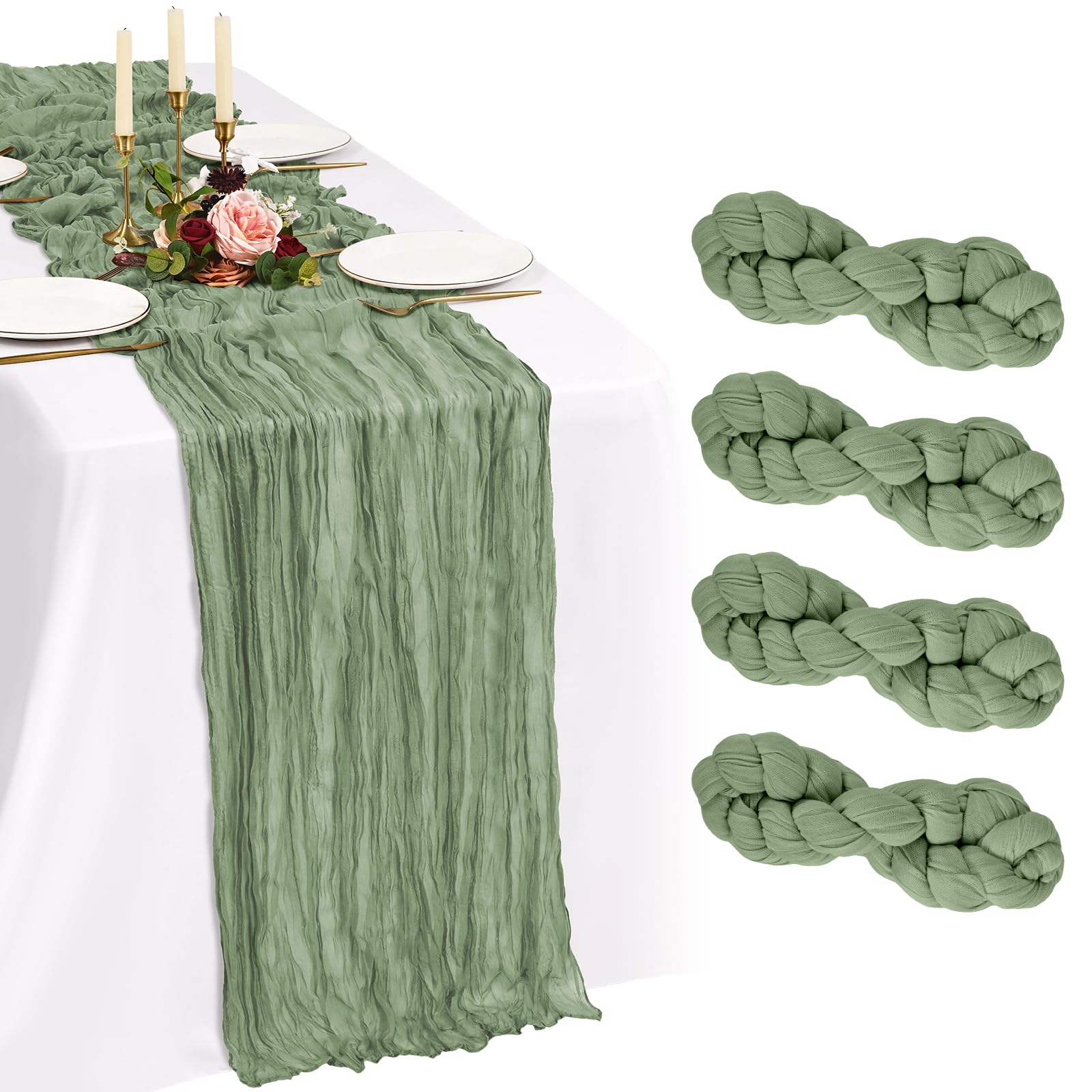 Showgeous Sage Green Cheesecloth Table Runner 90x300cm, Boho Gauze,4 Pack