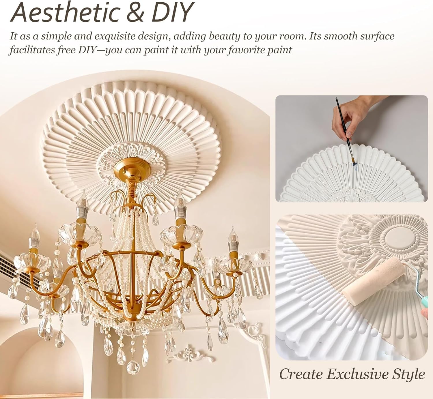Paintable Decorative Ceiling Rose, Classic Floral Ceiling Medallion for Light Fixture, Large Chandeliers Medallions, Elegant Home Decor(Style-B 50cm(19 3/4"))