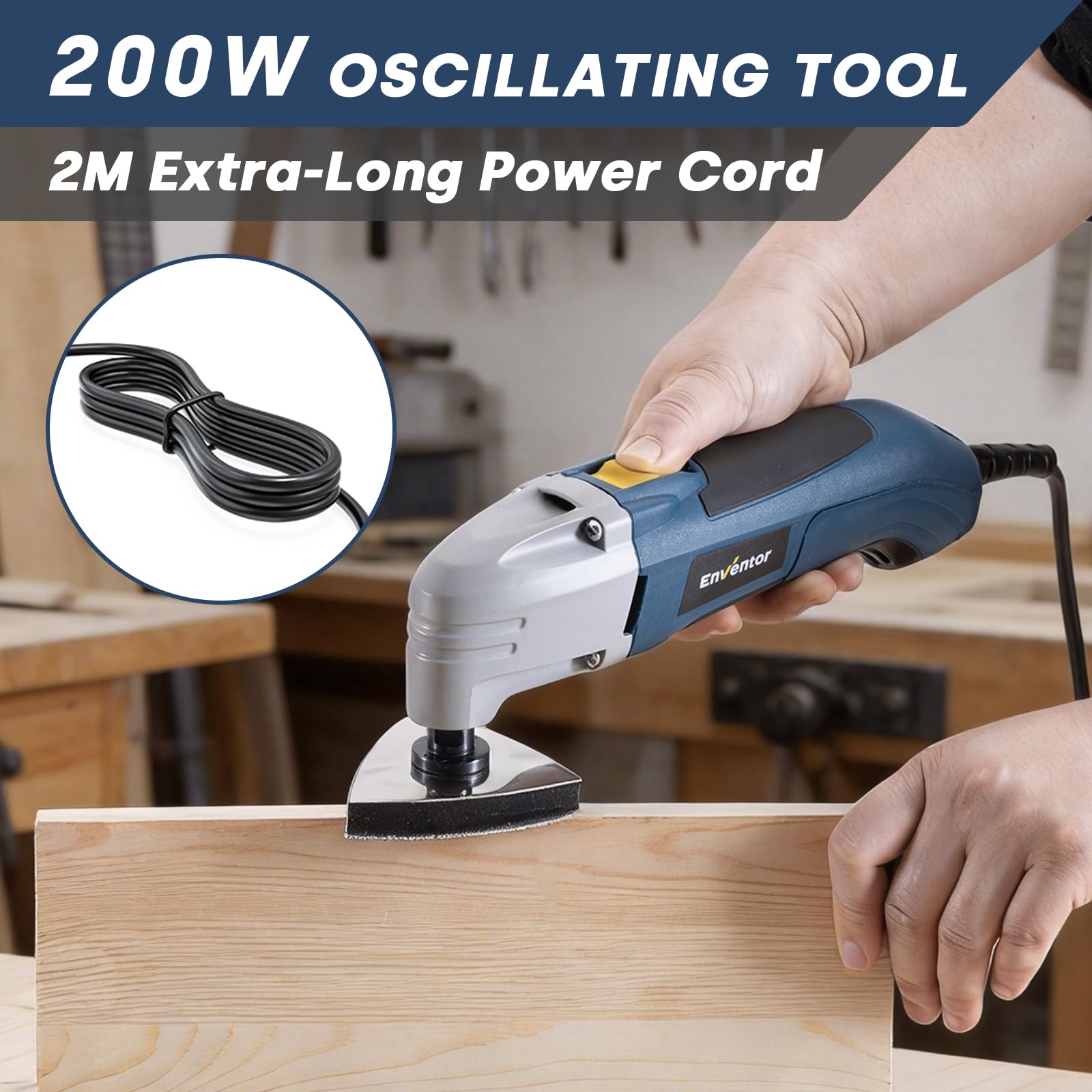Enventor Outil Multifonction Filaire 200W, 22000 OPM, Angle d'oscillation de 3°, Scie Vibrante avec 1 Grattoir, 1 Lame de Scie et 16 Papier de Verre pour Découpe, Sculpture et Polissage