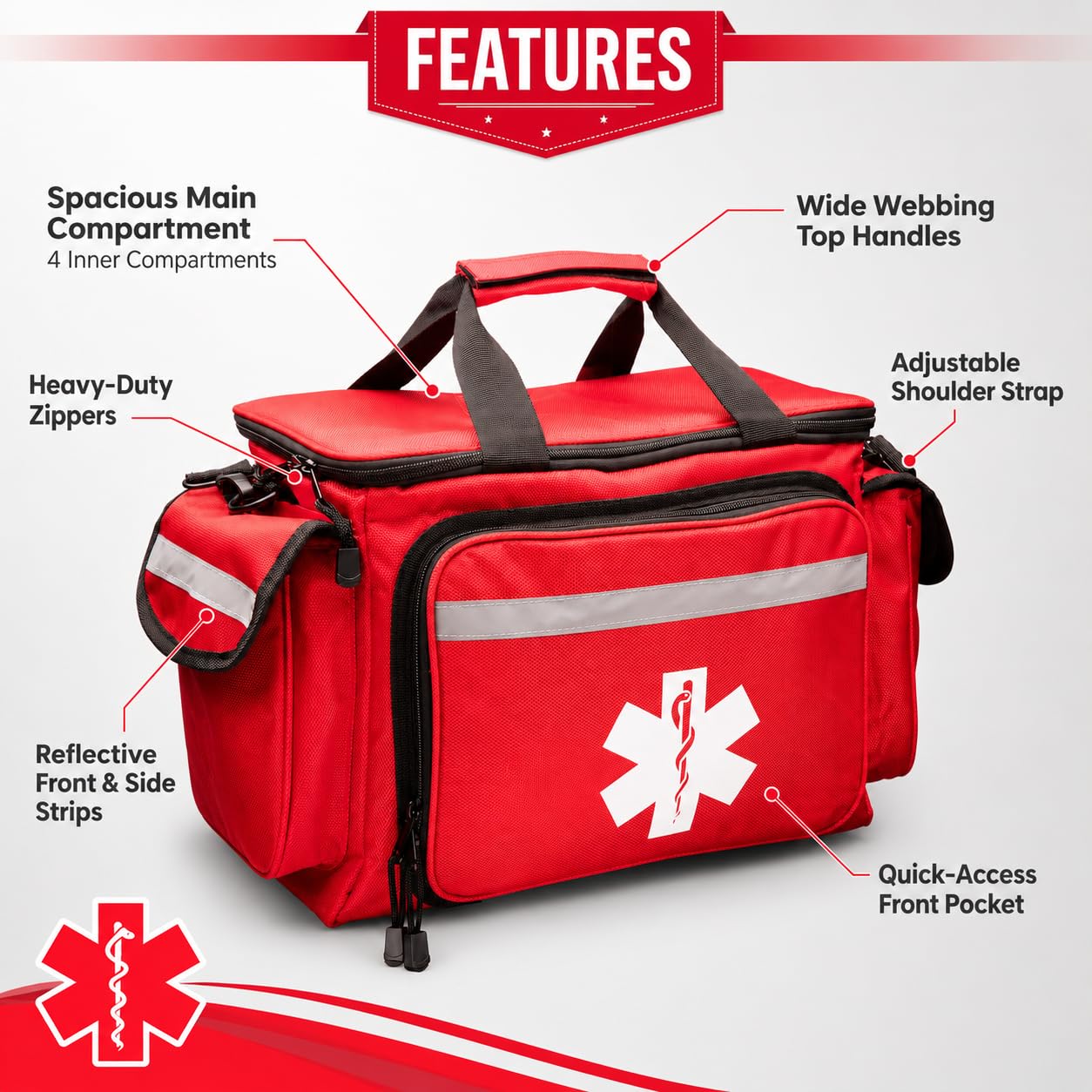 NOVAMEDIC Bolsa de Primeros Auxilios vacía Profesional de 38,1 x 25,4 x 22,88 cm, multicompartimento, portadores de Primeros Auxilios para emergencias, médicos y médicos