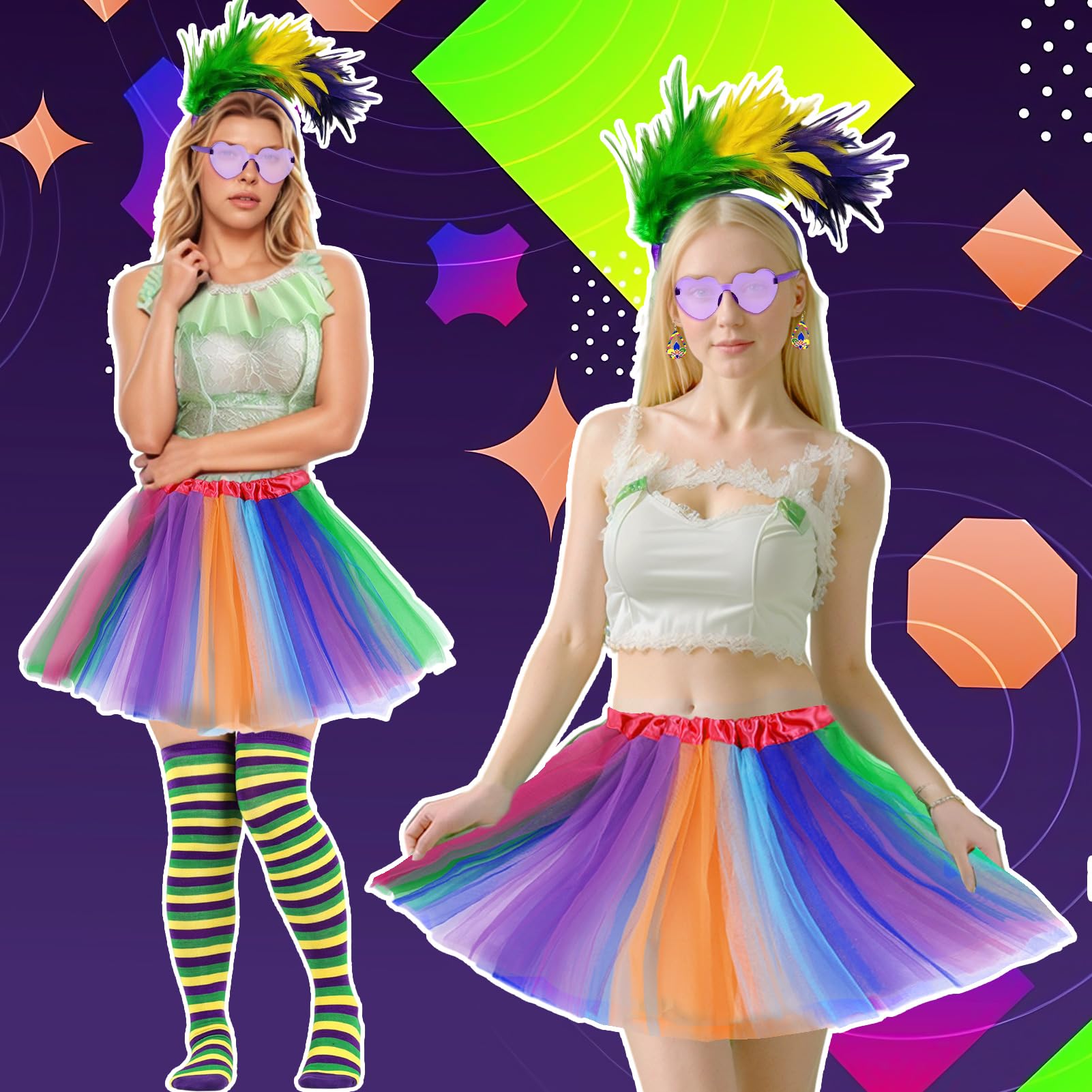 HarnyLoom 80s Fancy Dress for Women Girls Rainbow Costume Neon Tutu Skirt Headband Leg Warmers Gloves Sunglasses Carnival Dress Up Outfits for Carnival Mardi Gras 1980s Party(Rainbow 2) - Image 4