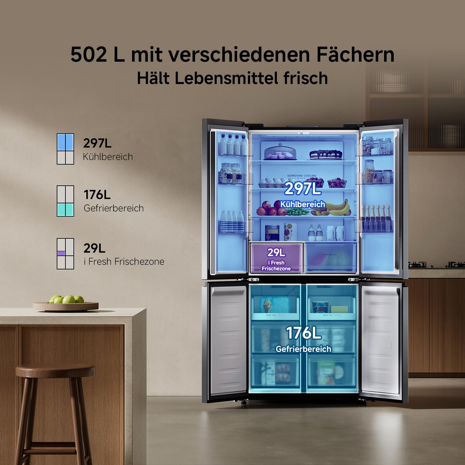 XIAOMI Mijia Cross Door Refrigerator 502L, No Frost, Ag⁺ Antibakteriell | i Fresh Konvertierbare Zone, Dual Inverter, Smart Control, Geräuscharm, Silber, W852×D600×H1912 mm