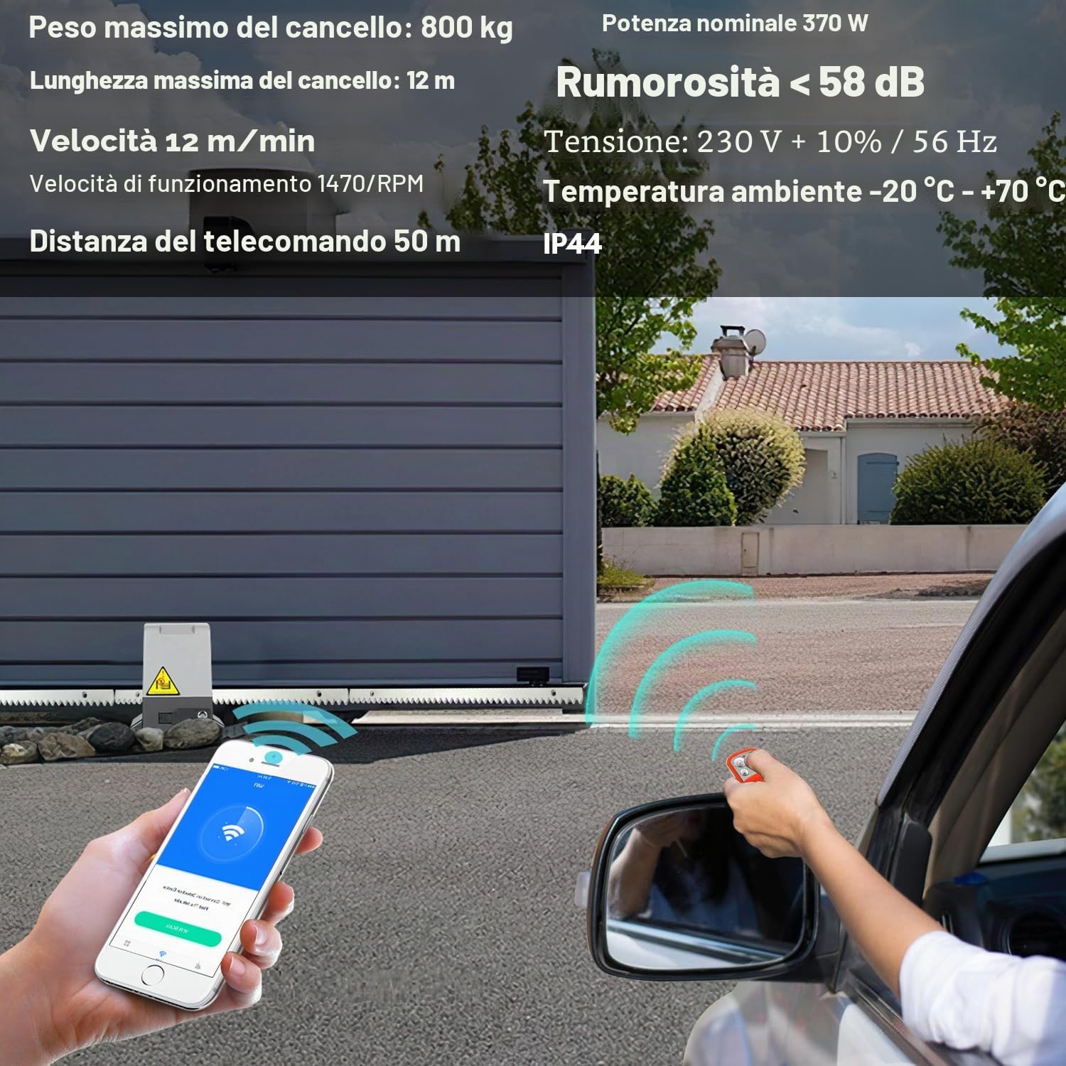 800kg 370W Smart WiFi Kit Automazione Cancello Scorrevole, Motore Cancello Scorrevole per Porte Fino a 12 m, con 2 Telecomandi, Cremagliera da 4 m e 2 chiavi
