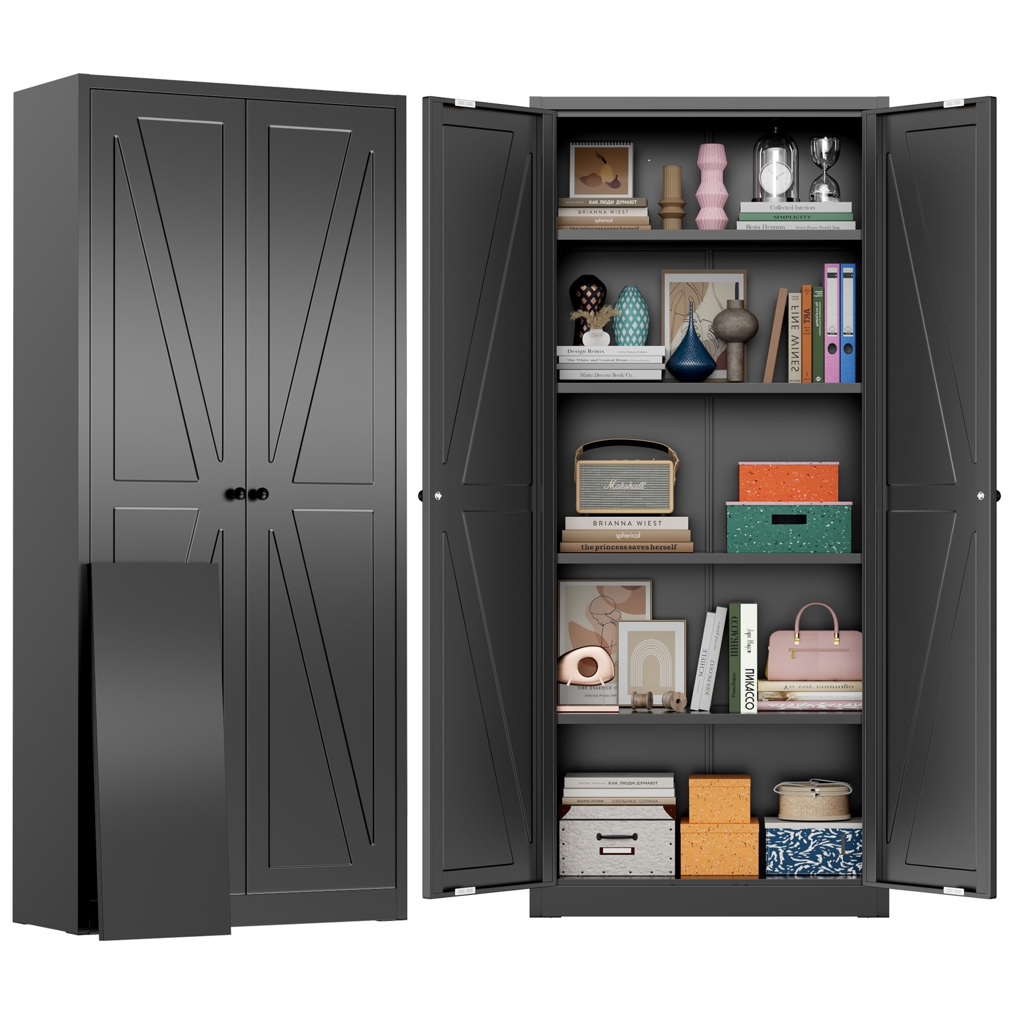 Greenvelly Metal Storage Cabinet, 63" H Black Metal Storage Cabinet with Doors and 4 Shelves, Lockable Steel Cabinets for Living Room, Office, School (Black - Modern)