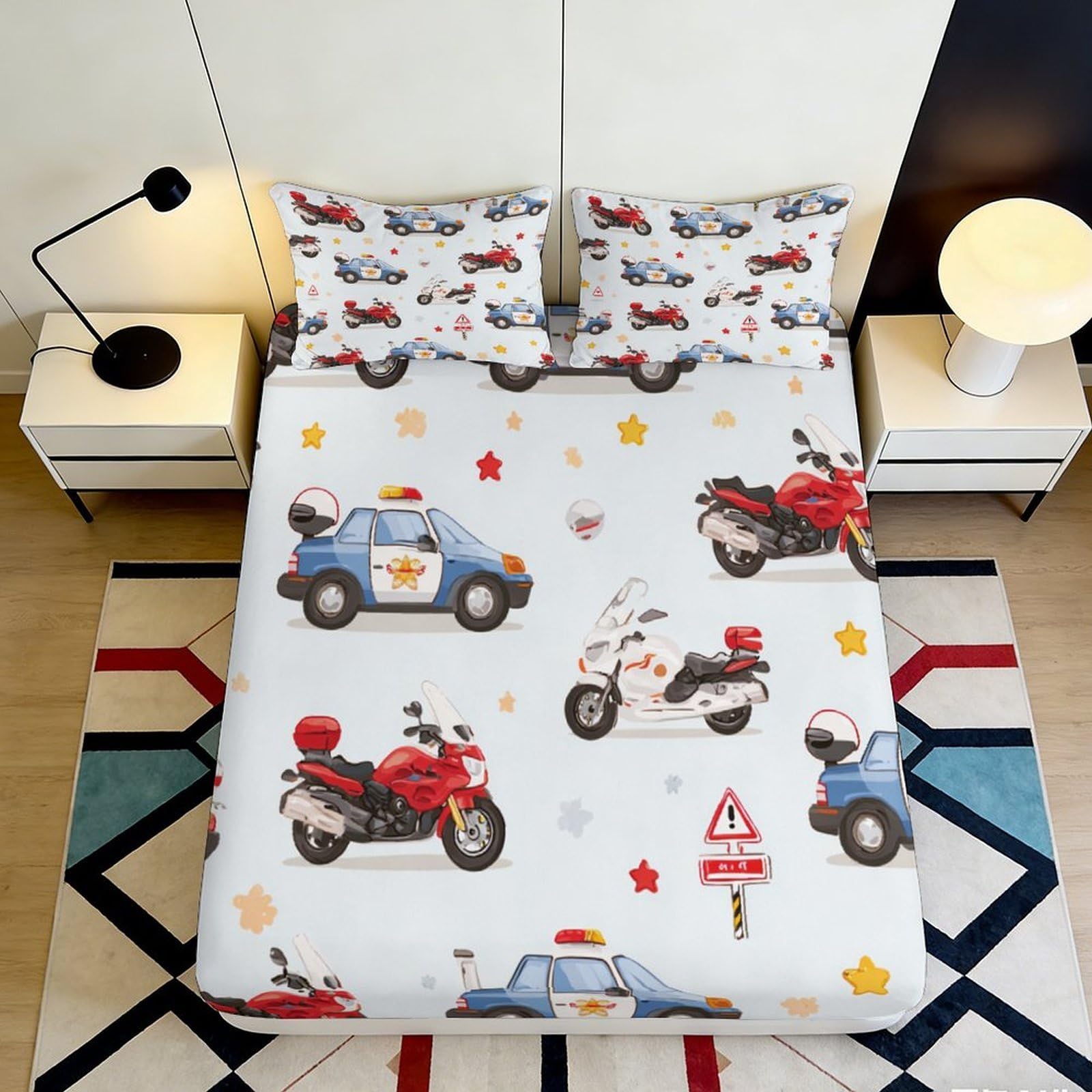3D Printed Police Car Fitted Sheet Microfiber Soft Breathable Motorcycle Bed Cover for Bedroom Dorm Mattress Decor 90x200x25cm
