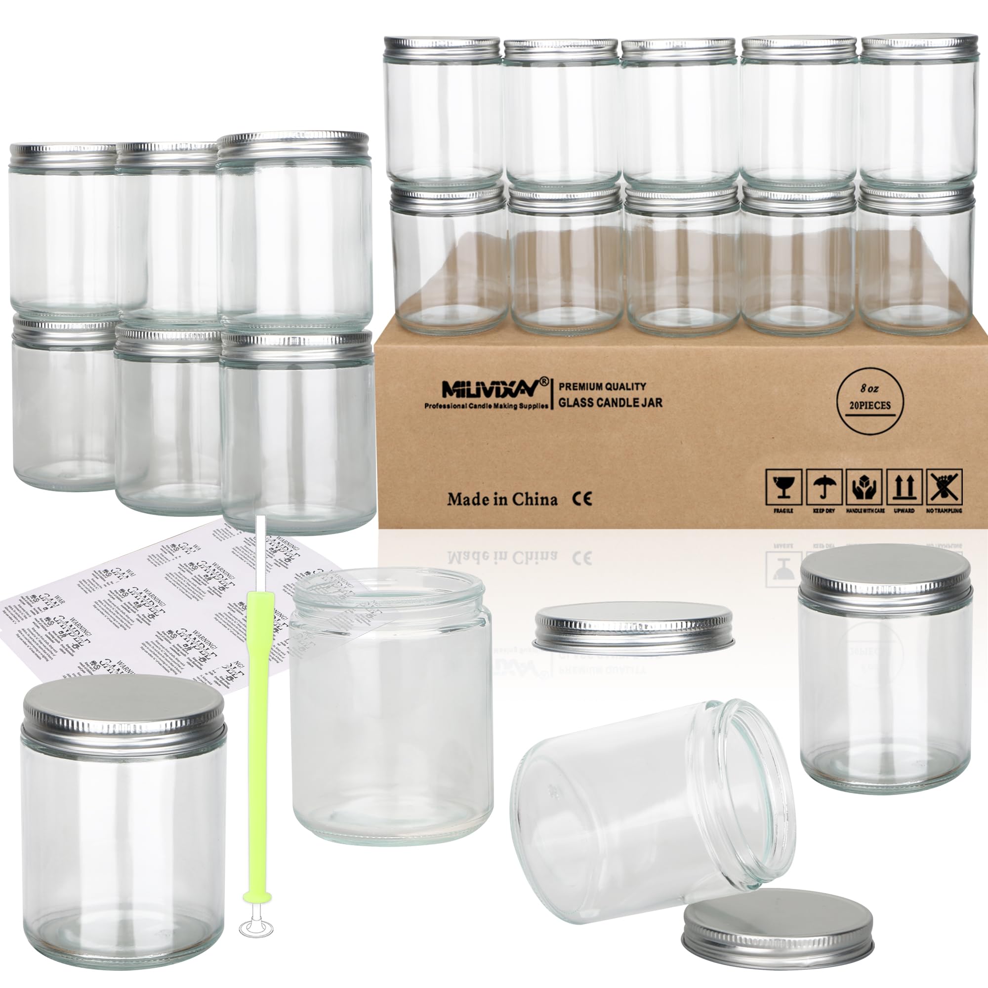 MILIVIXAY 20 Pack 8 OZ Thick Glass Clear Candle Jars with Silver Lids-Bulk Empty Candle Jars for Making Candles-Canning Jar for Spice, Liquid, Sample- Dishwasher Safe.