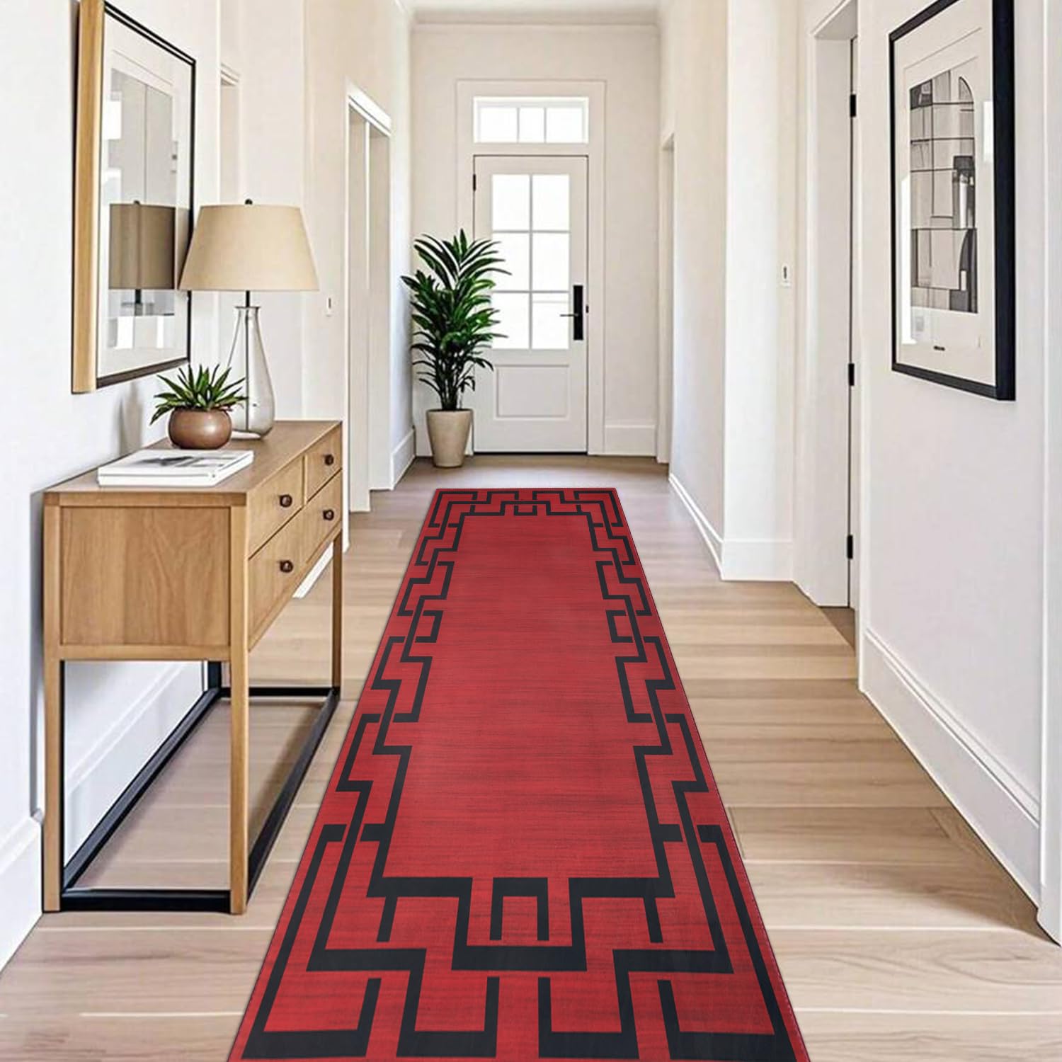BedLooms Carpet Runners for Hallway Non-Slip 80 x 150 cm – Greek Key Pattern Printed Design Bedroom Black and Red Carpets for Dinning Room, Lounge (Lexi)