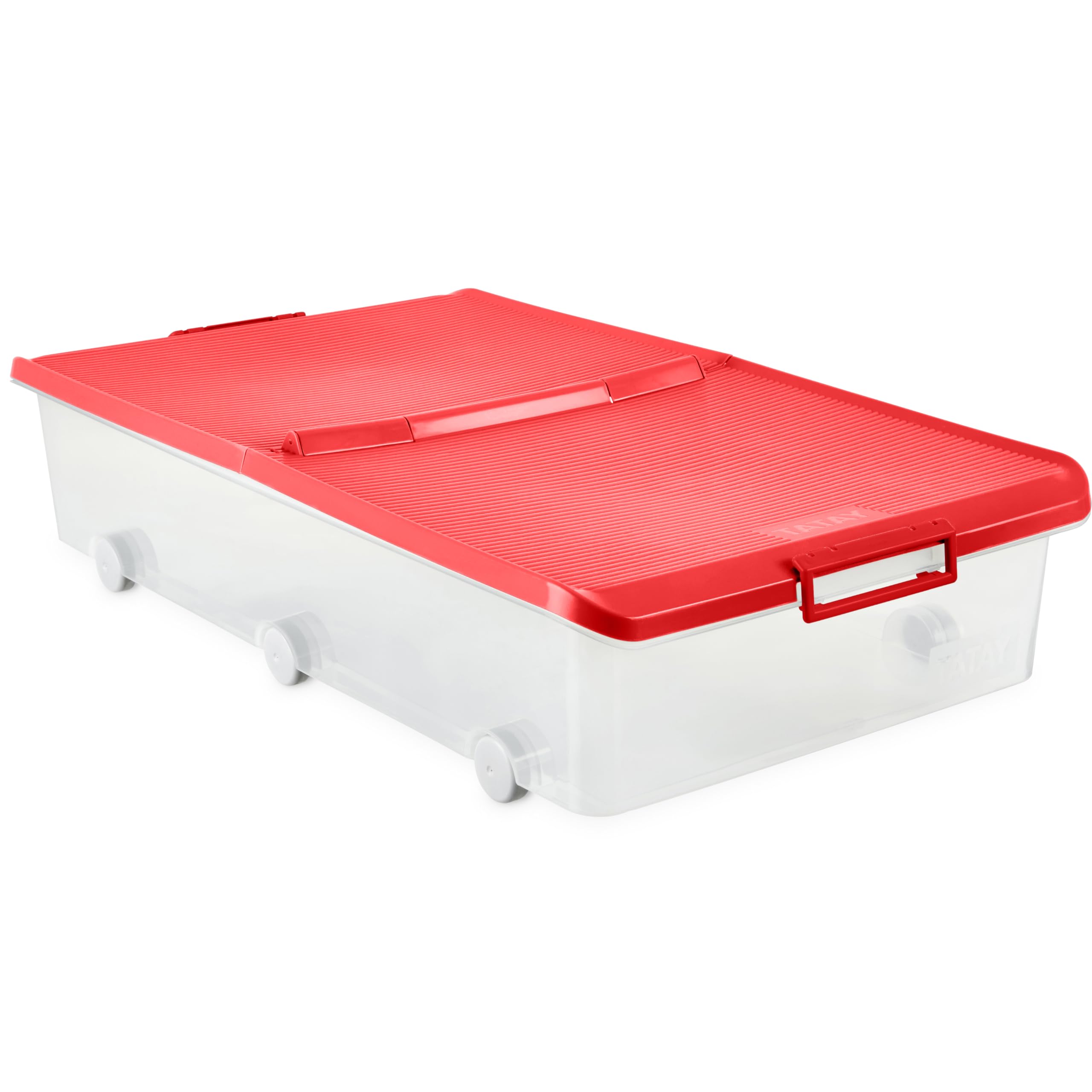 TATAY Plastic Storage Box with Lid 63L Underbed - Classic | Folding Lid Included | Ergonomic ABS Handles | Integrated Wheels | Durable Design | BPA Free Plastic | 45x78x18 cm, Red