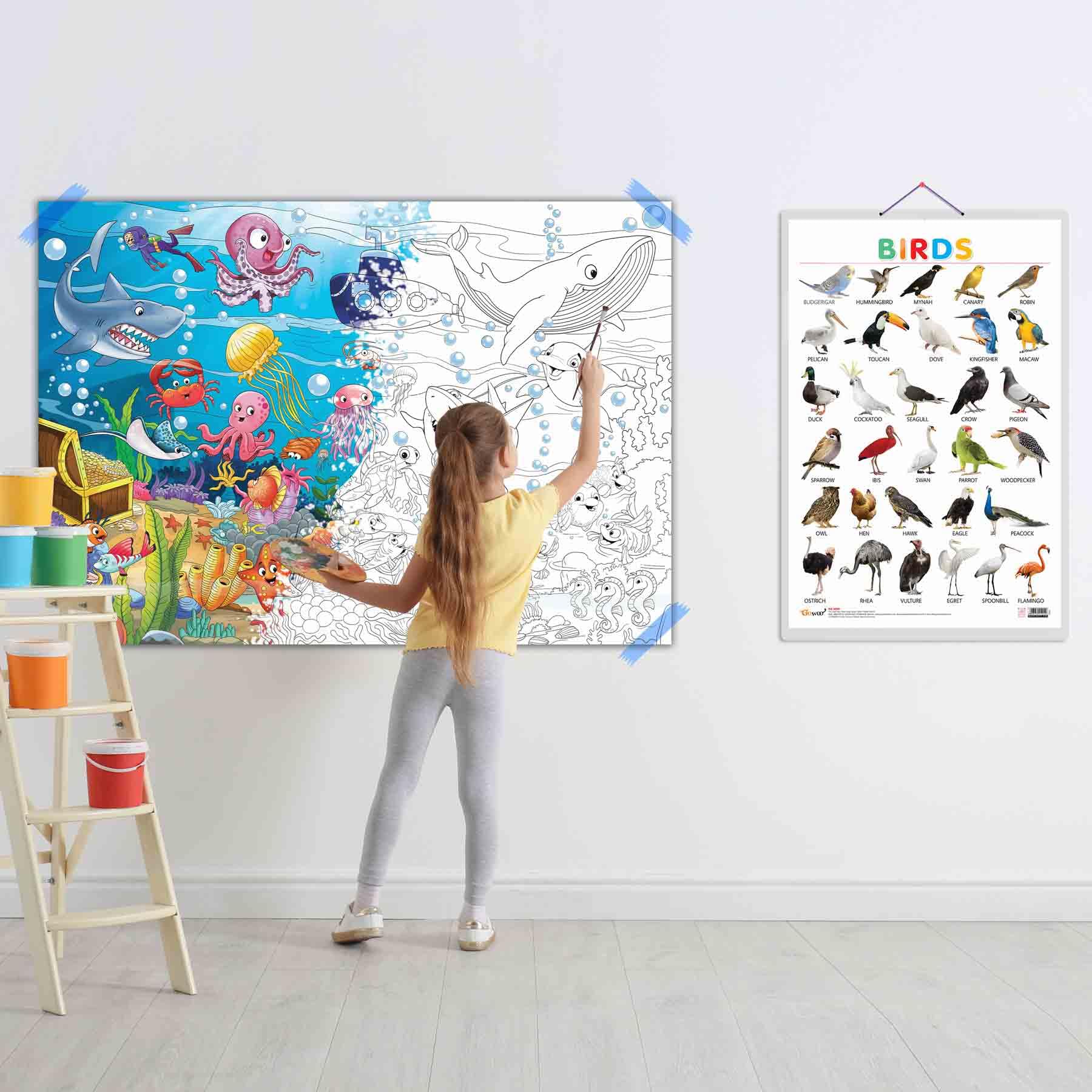 Birds and Giant Under The Ocean Colouring Poster | Set of 1 Chart and 1 Poster | Birds and Giant Under The Ocean Colouring Poster Unite for Endless Creativity.