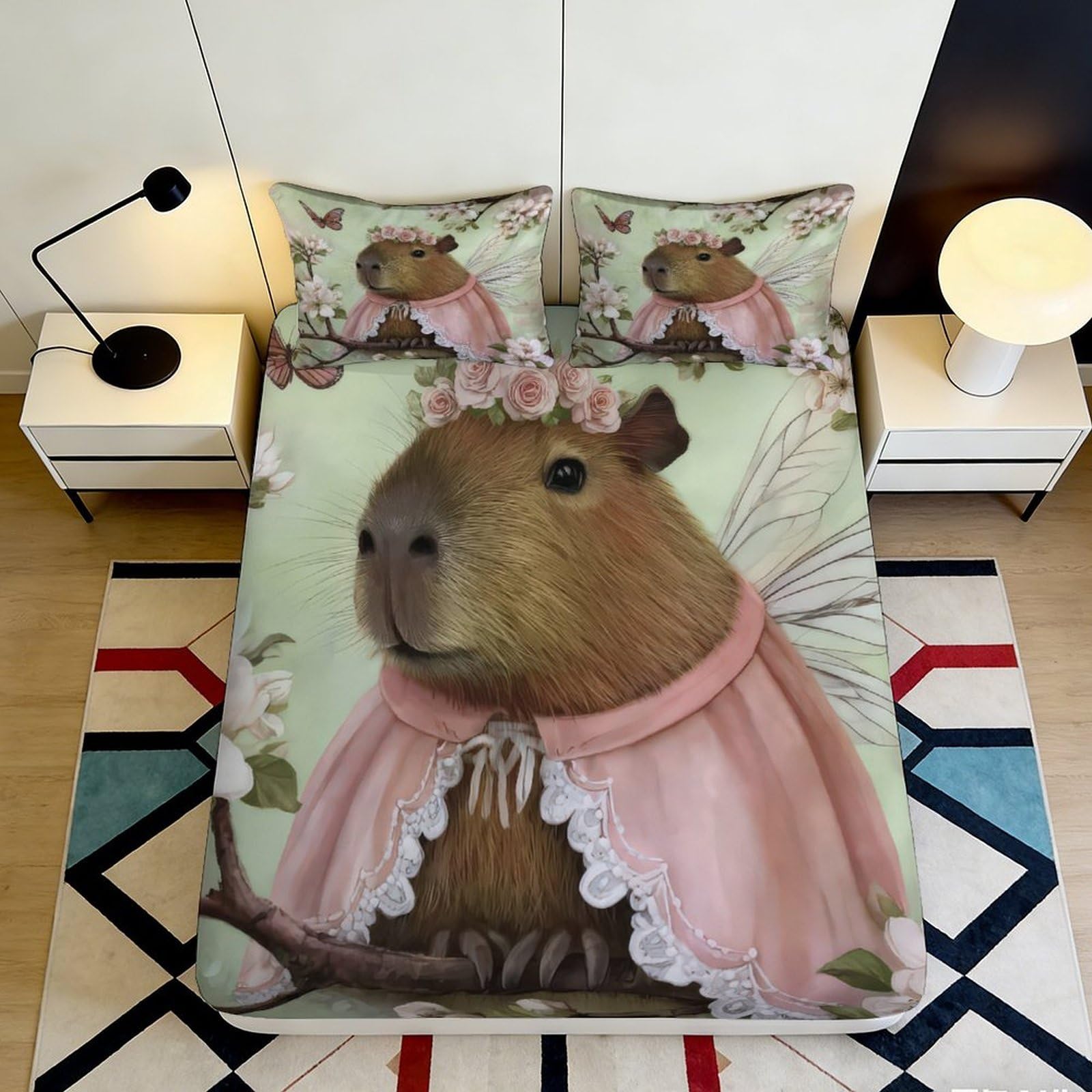 3D Printed Capybara Fairy Fitted Sheet Microfiber Soft Pink Animal Bed Cover for Bedroom Guest Room Decor 90x200x25cm