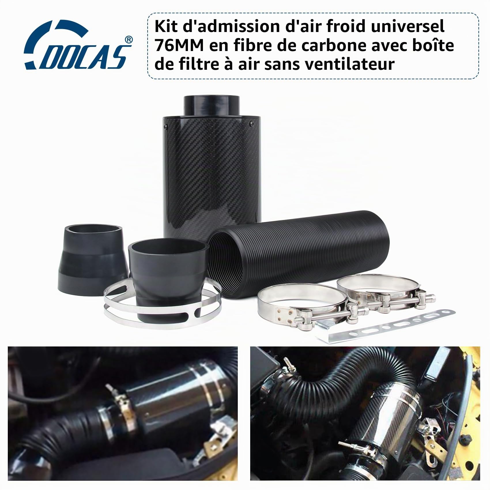 DOCAS 76 mm Filtre à air de voiture,Système d'admission d'air froid en fibre de carbone