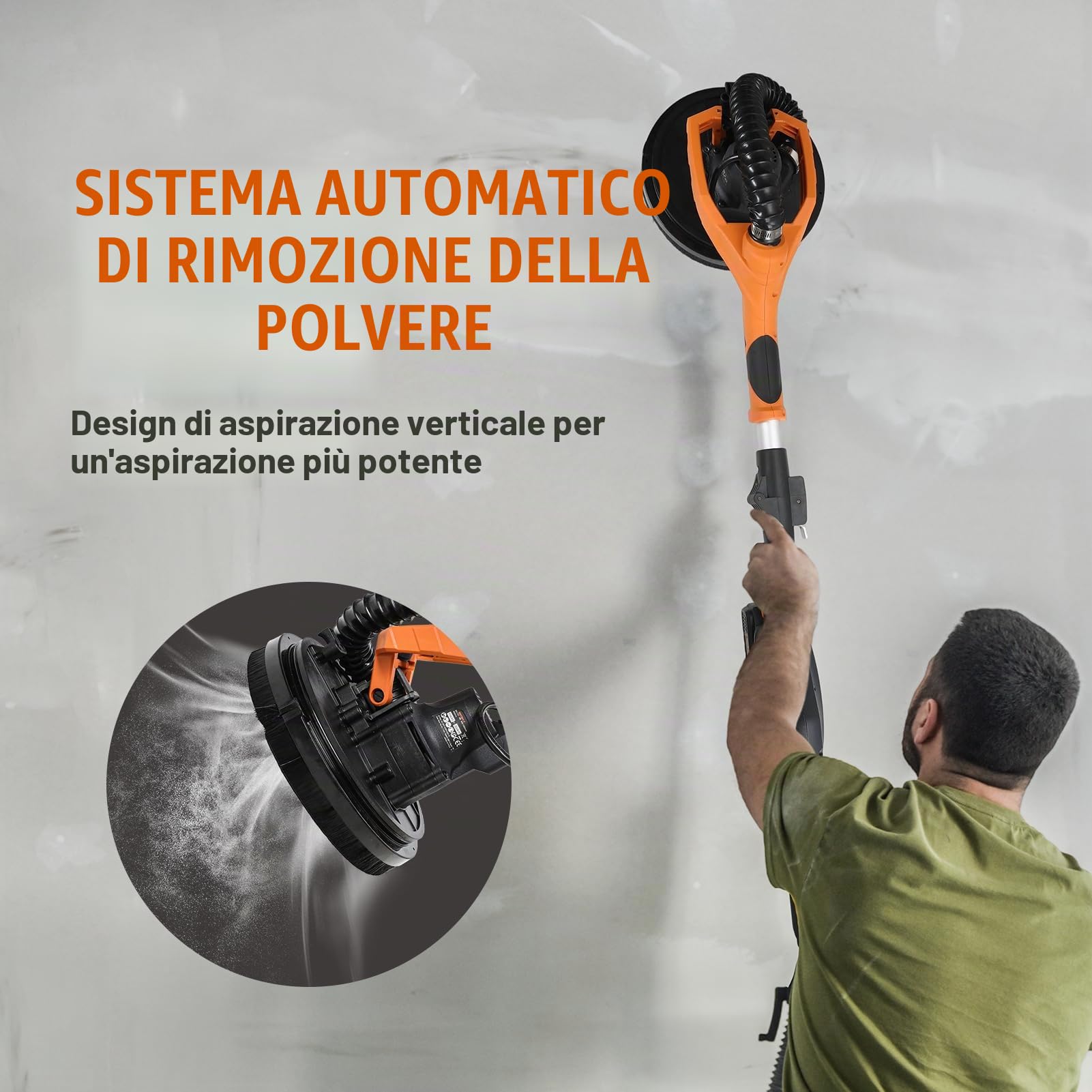 Levigatrice per muro MAXXT 20V senza spazzole: Velocità regolabile continua (600-1200 RPM), Pieghevole (estensibile 110-165 cm), Disco da 225 mm,Per pareti e soffitti, Sistema auto-aspirante