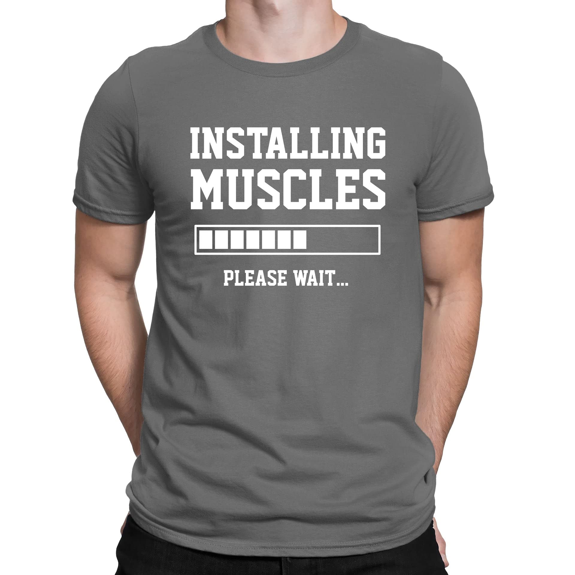 Installing Muscles Please Wait Gym Slogan Funny Mens T-Shirt Charcoal Grey (M)