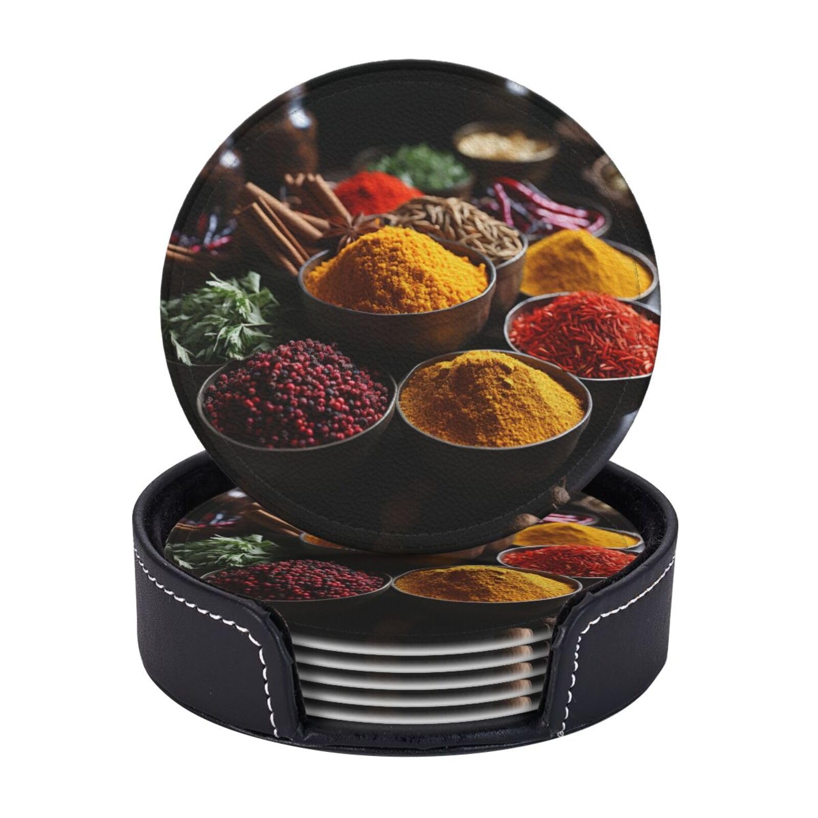 Drink Coasters Set of 6 Coffee Leather Coaster with Holder Spices Coasters for Drinks Coffee Cup Mat Heat Resistant Tabletop Protection Coaster Desk Accessorie Home Decorative