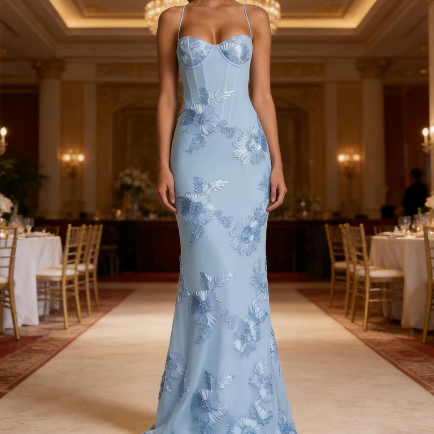 Floral Embroidery Tulle Bridesmaid Dresses for Women, Lace Up Spaghetti Straps Mermaid Corset Formal Prom Dress