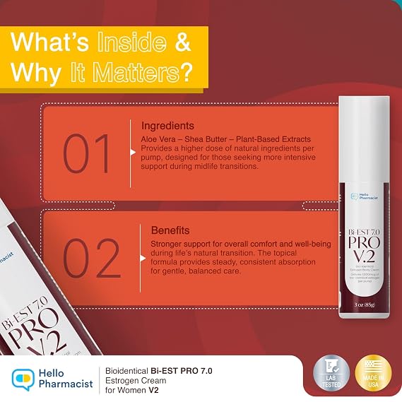 HelloPharmacist BiEst 7.0 PRO V2 Bioidentical Estrogen Cream for Women - 90 Pumps - Wild Yam Natural Estrogen Based Body Cream - 3oz