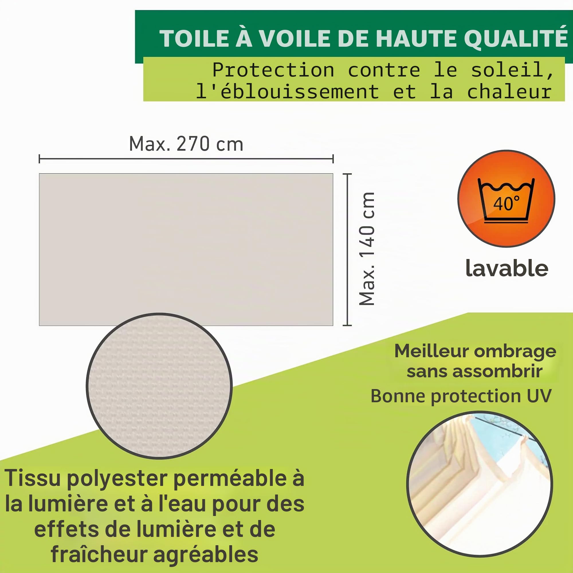 Windhager Voile Pare-Soleil pour la Technique de Tension de Corde, Idéal pour Pergola Ou Véranda pour Une Protection Solaire Idéale, 270 x 140 cm, Blanc Crème, 10868